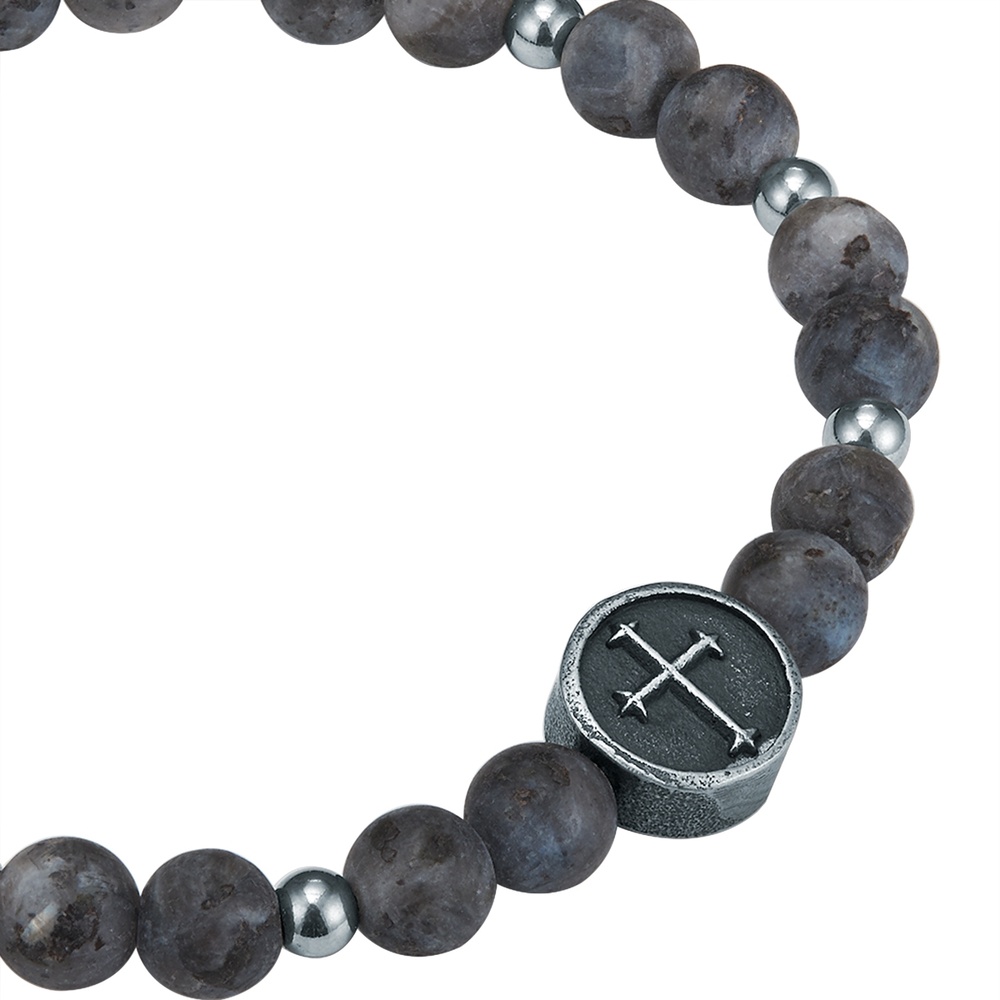 True Rebels Bracelet en pierres précieuses Croix Acier inoxydable Jade Argent Bracelet