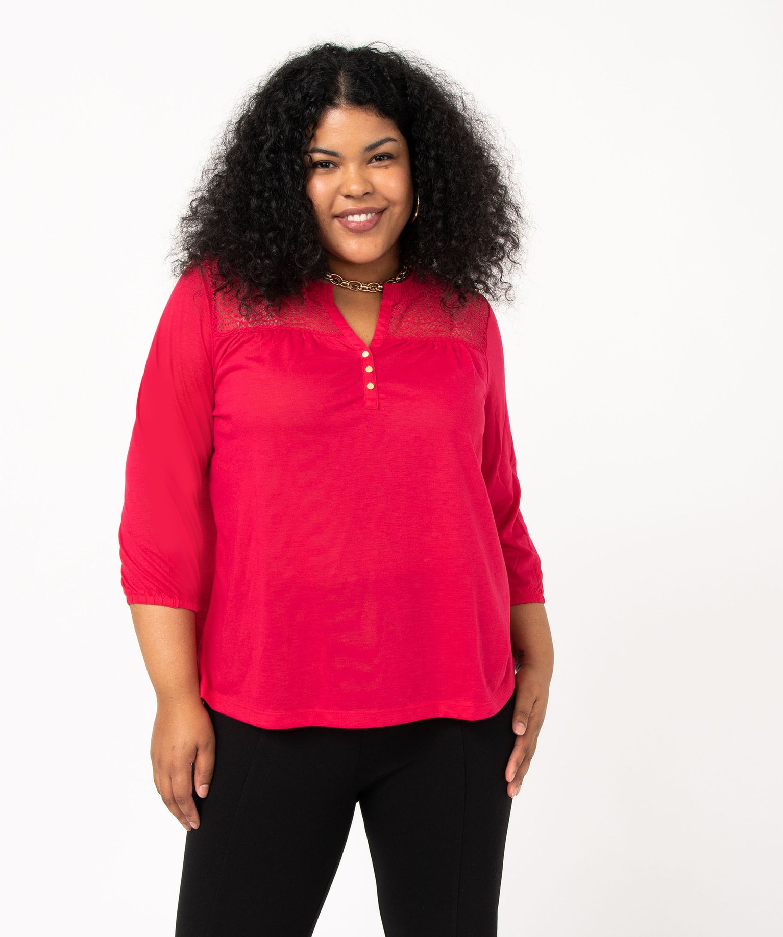 Tee-shirt droit manches 3/4 à col boutonné femme grande ta... rose | GEMO