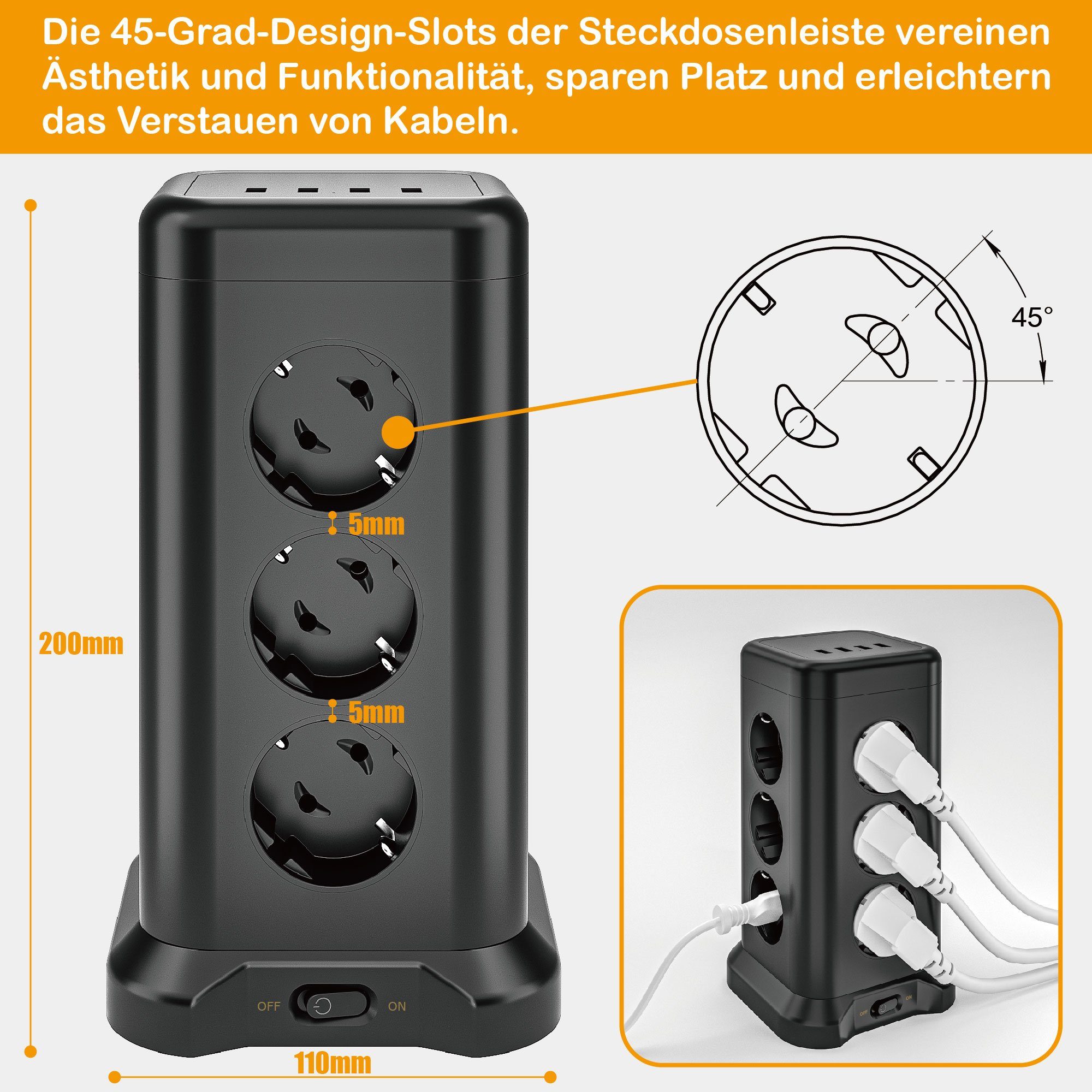 neue dawn 12 Fach Mehrfachsteckdose mit 4 USB Steckdosenturm Steckdosenleiste Mehrfachsteckdose 12-fach (Uberspannungsschutz, Kabellänge 2 m), Mehrfachsteckdose