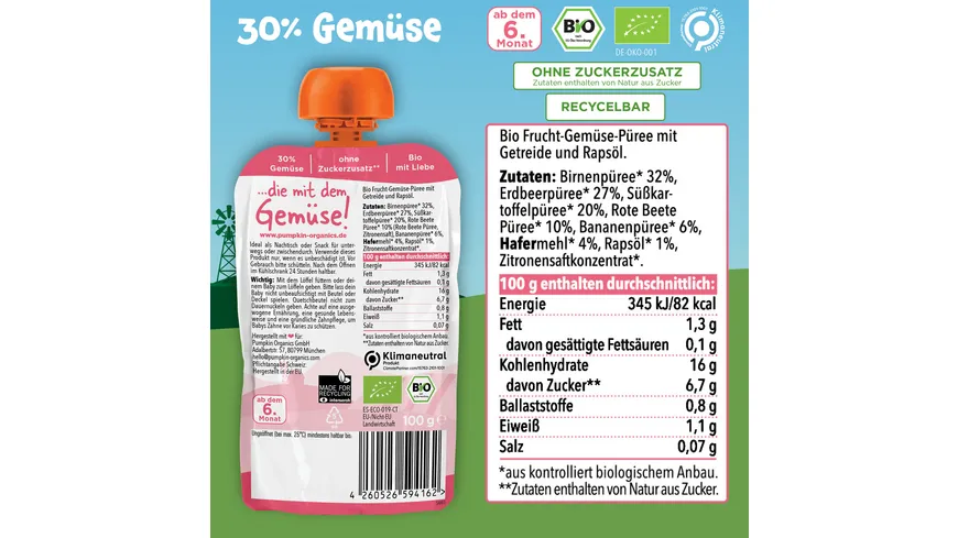 pumpkin organics Bio Quetschie: Birne, Erdbeere, Süßkartoffel, Rote Beete, Hafer 100 g