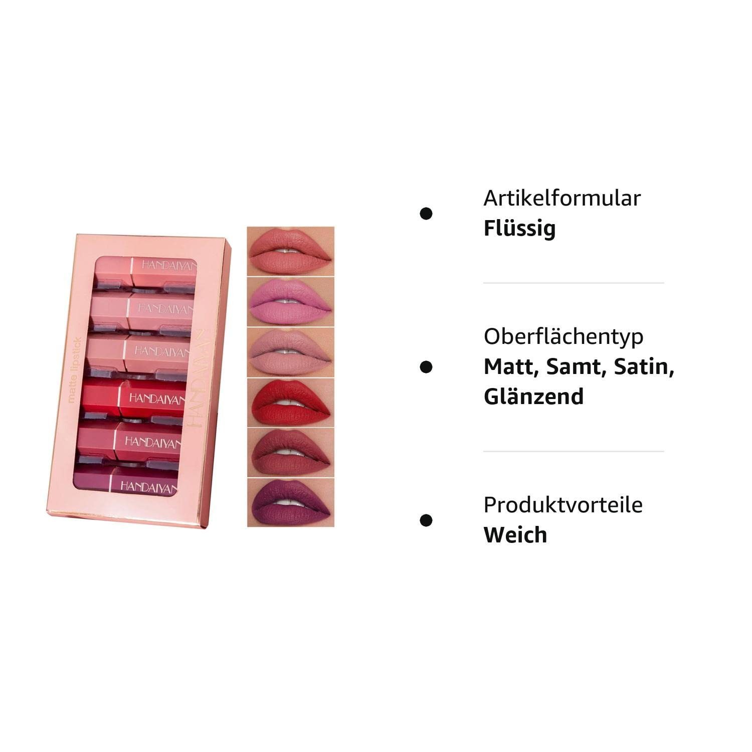 Haiaveng Lippenstift-Set 6 Farben Wasserdicht Matt Flüssiger Lippenstift Set, 6-tlg., Wasserdichte Langlebige Lipgloss Antihaft-Tasse