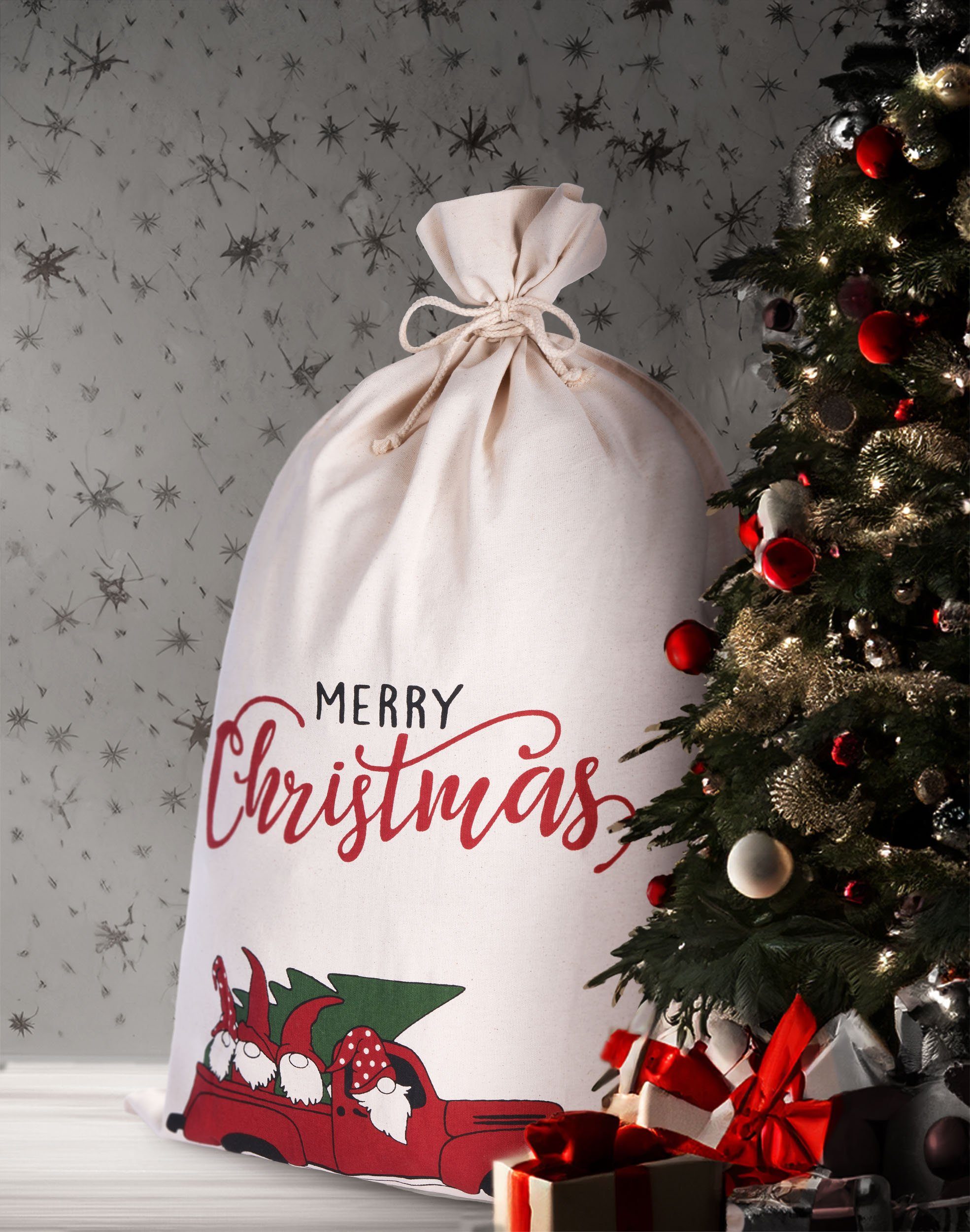 BRUBAKER Aufbewahrungstasche 3er Set Weihnachtssack - 80 cm Geschenksack (Weihnachtsdekoration Sack aus Jute und Baumwolle, 3-tlg., Weihnachtliche Motive), Nikolausbeutel zum Befüllen und Verpacken von Geschenken
