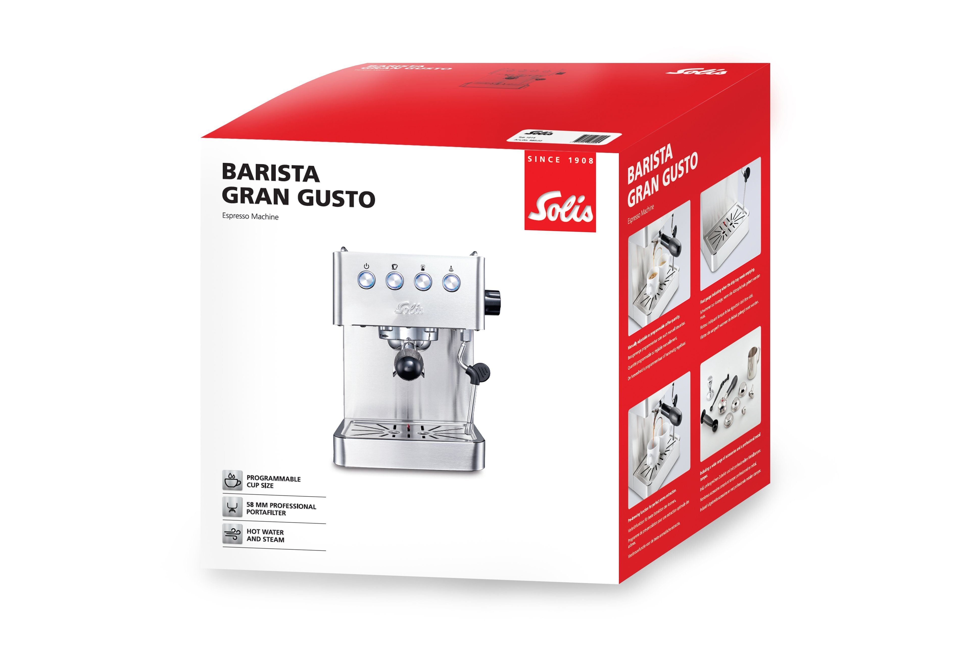 SOLIS OF SWITZERLAND Siebträgermaschine Barista Gran Gusto Typ 1014, Siebträger 58 mm, 15 Bar Druck, 360 ° Heißwasserstab, Programmierbar