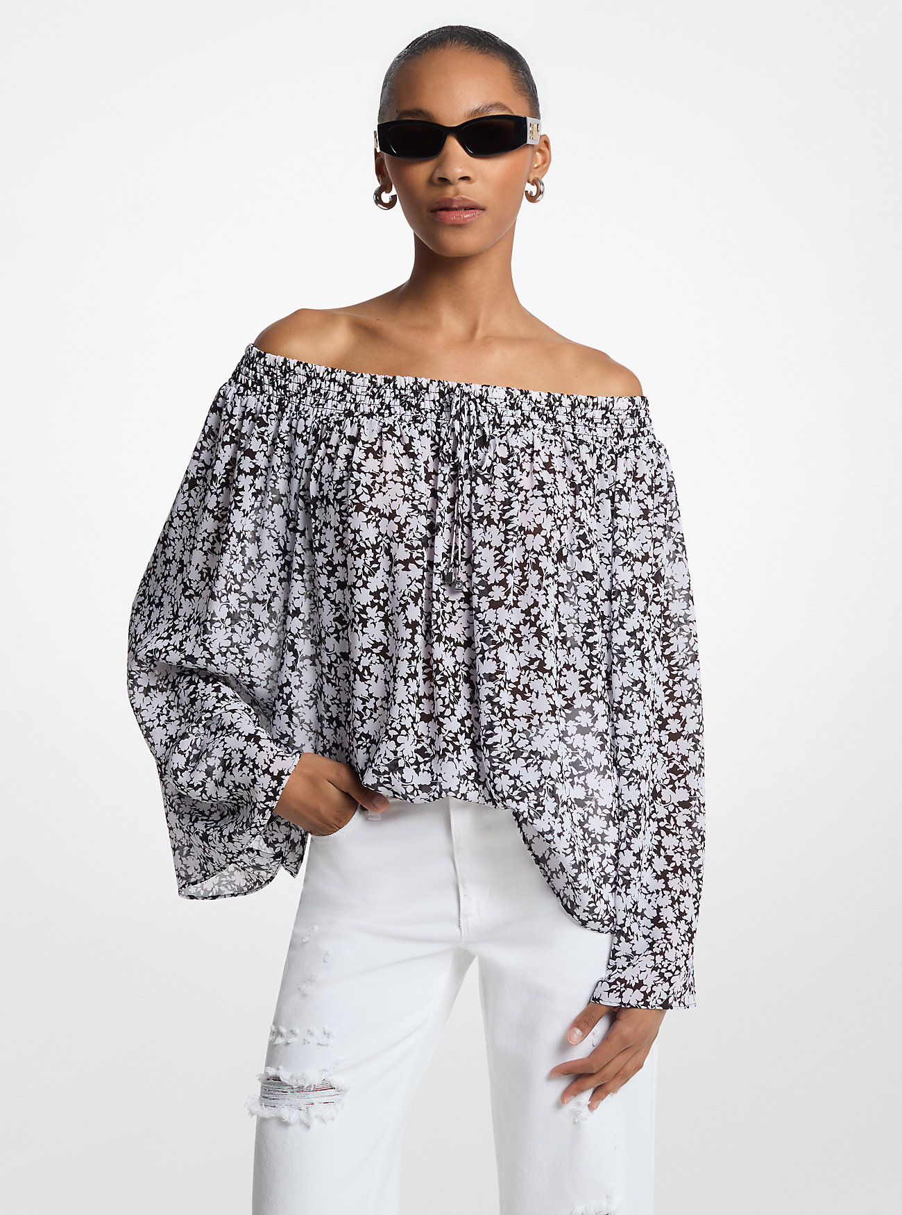 Blomsterprint Georgette Topp Med Bare Skulder - HVIT
