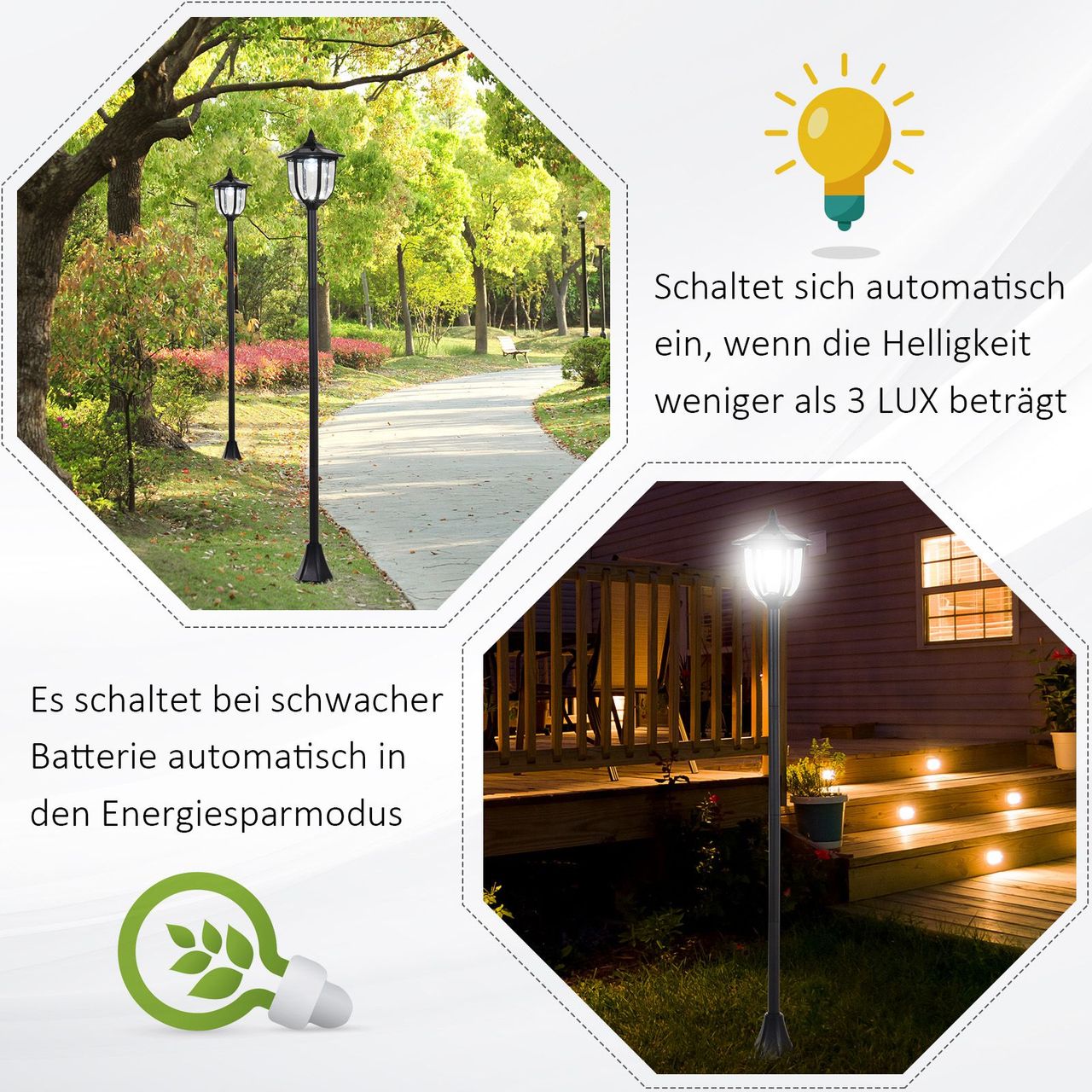 Outsunny Solar LED Gartenlaterne, 30/60 Lumen, Kunststoff, Schwarz