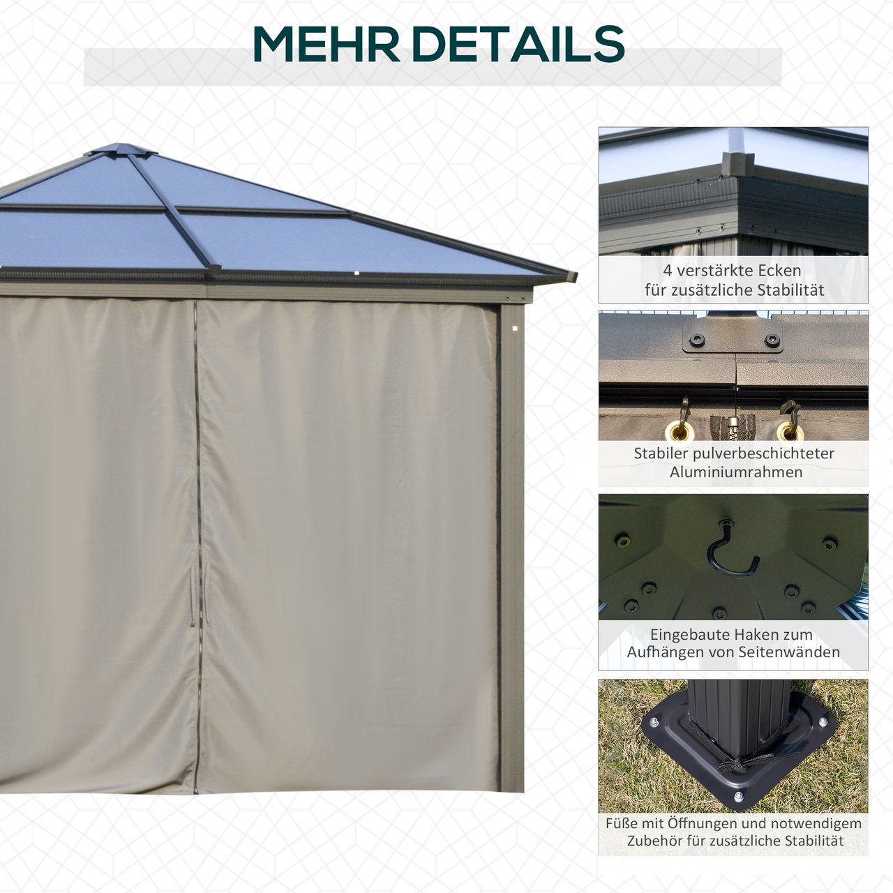 Outsunny Luxus Pavillon Gartenpavillon Alu Partyzelt Gartenzelt mit lichtdurchlässigem PC Dach Dunkelgrau Schwarz 300 x 300 x 265 cm