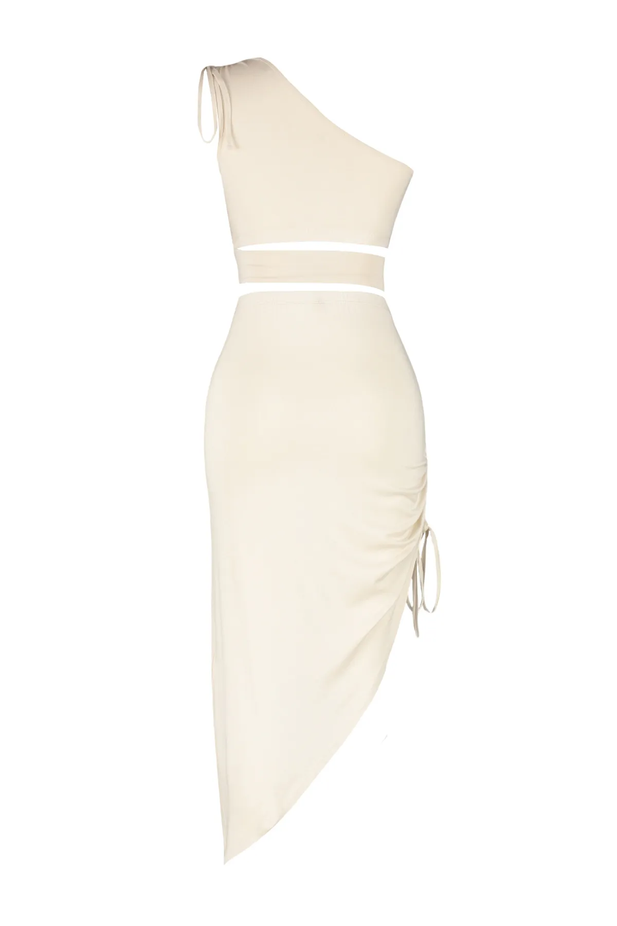 Trendyol Collection  Beigefarbener, figurbetonter Strickanzug mit Cut-Out/Fenster, einschultriger Bluse, Rock TBESS22AU0224