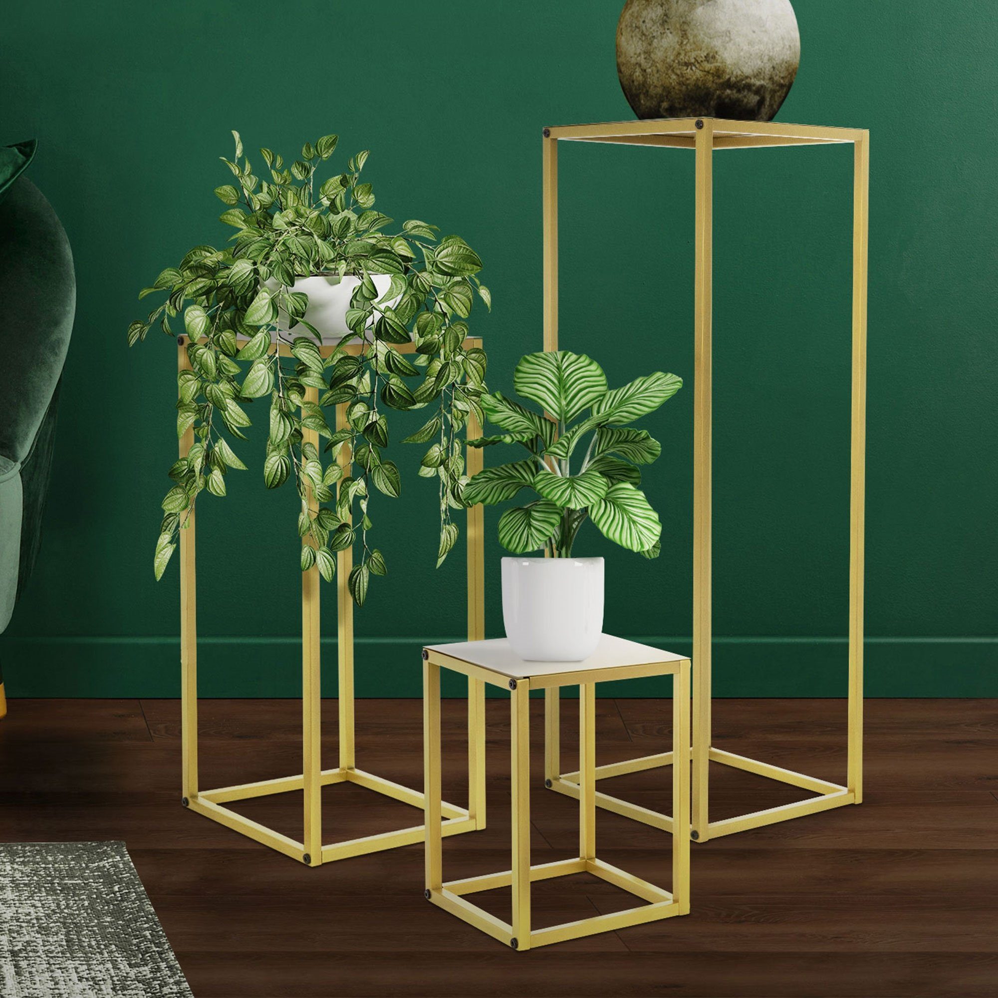 ML-DESIGN Blumenständer Deko Blumenhocker Blumensäule Säulentisch Pflanzenständer (3er Set), 3er Set Metall Gold 22x22x30/26x26x60/30x30x90cm