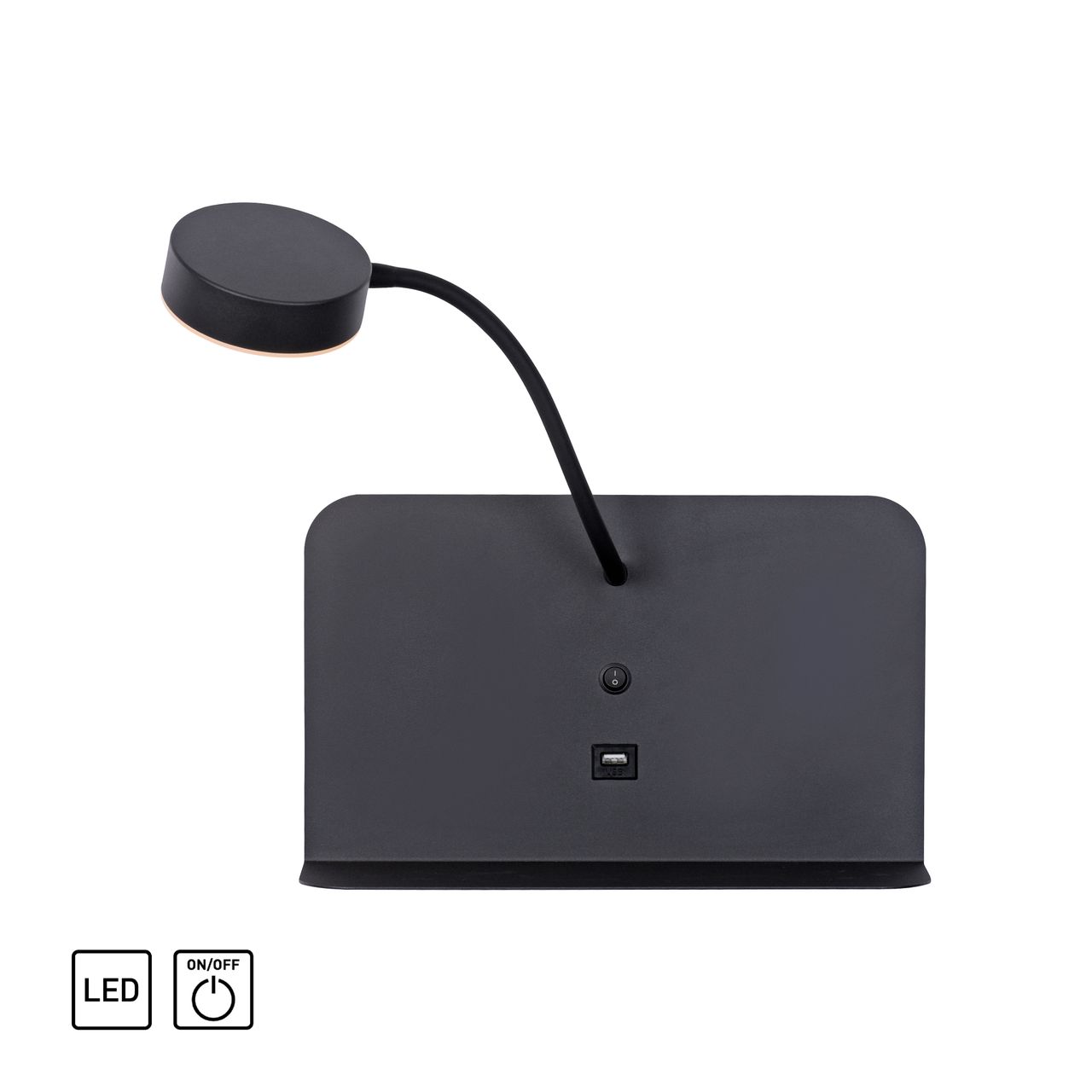 JUST LIGHT LeuchtenDirekt LED Wandleuchte BOARD, dreh- und schwenkbar, USB, 3000 K, Ablagefläche, Innenleuchte, IP20