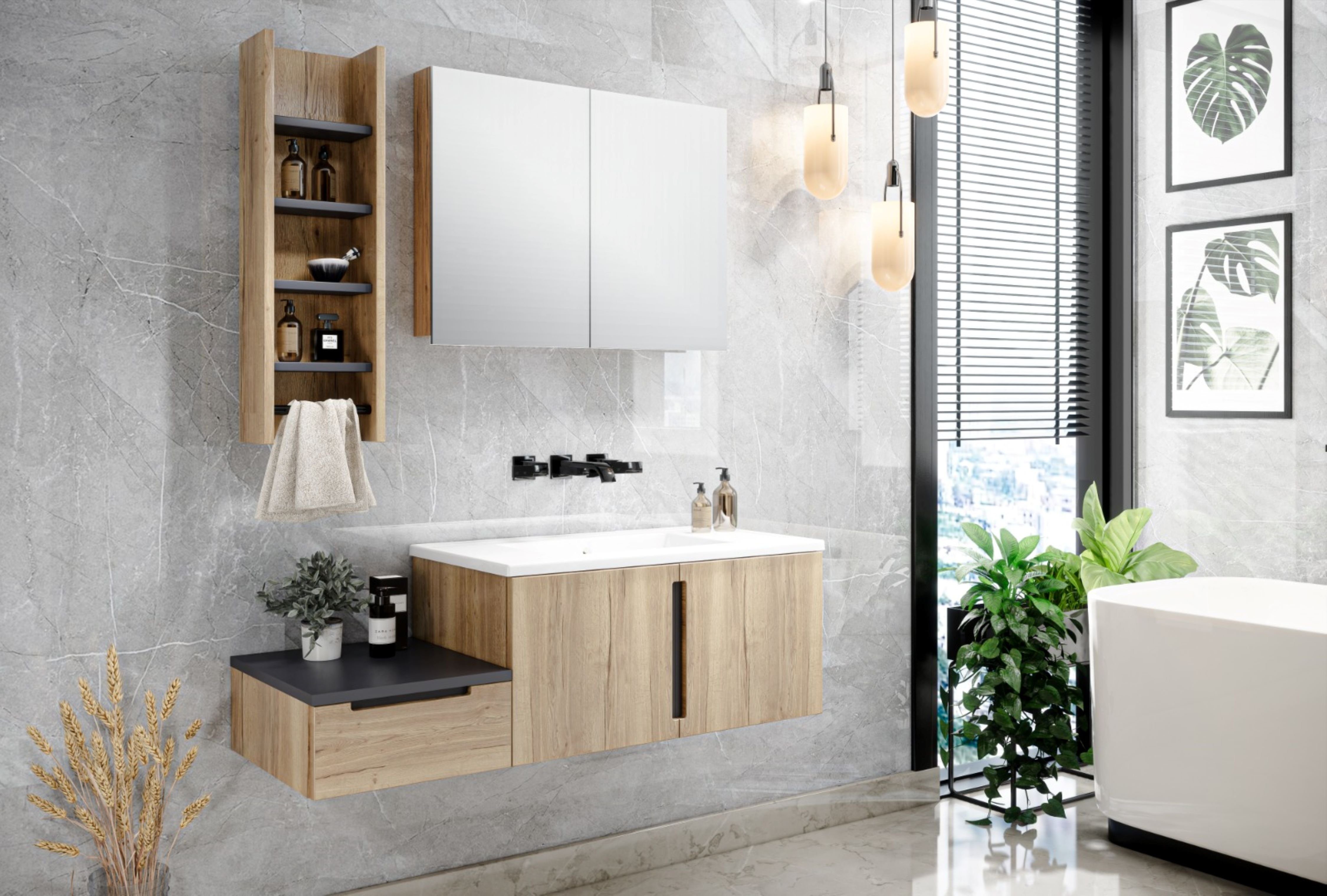 All-4-Home Badezimmer-Set Calla, (Set, 4-St., Spiegelschrank, Unterschrank mit Waschbecken, Beischrank, Regal), Softclose-Funktion, Keramik-Waschbecken, Vormontiert