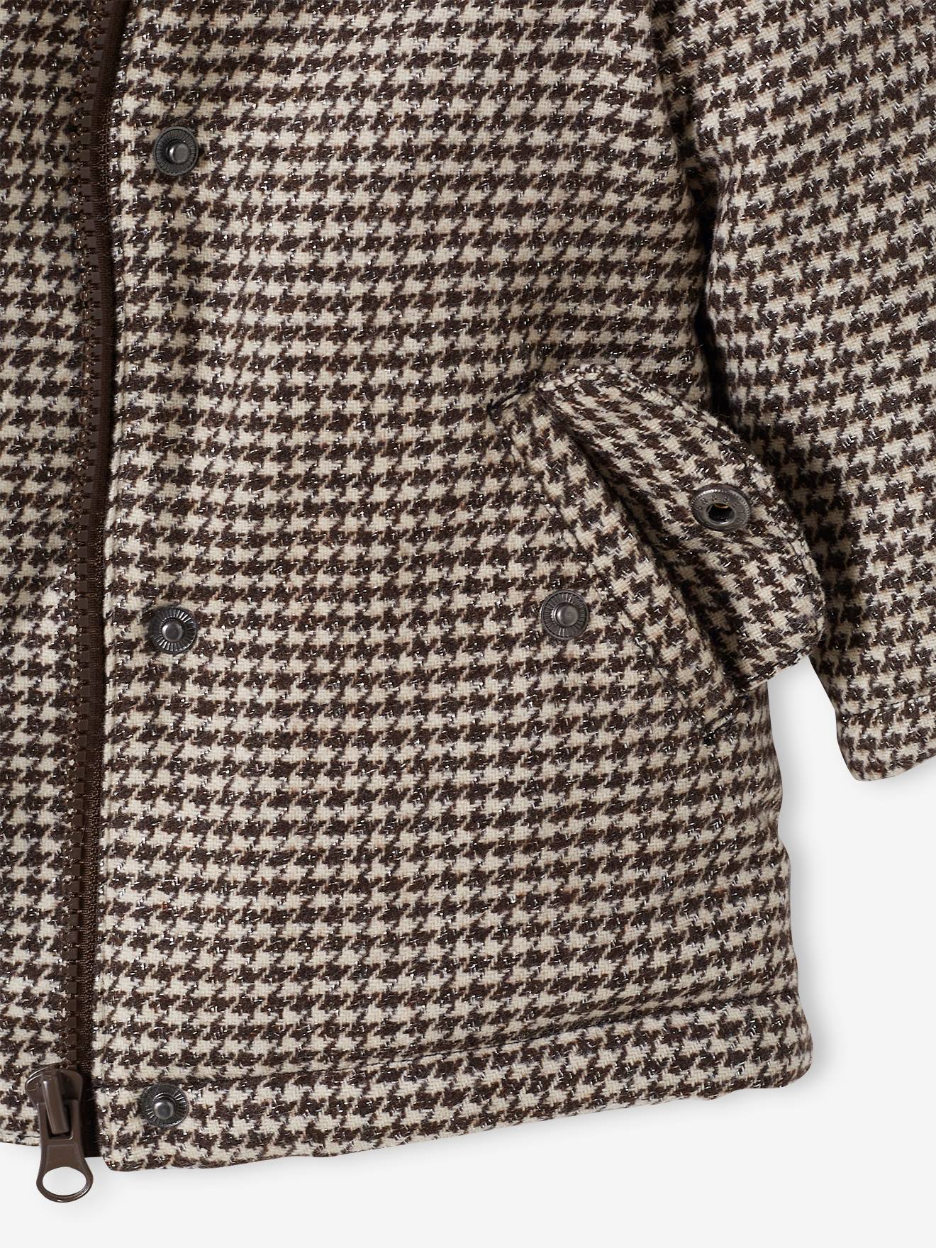 Manteau à capuche pied de puce bébé doublé imitation fourrure carreaux marron