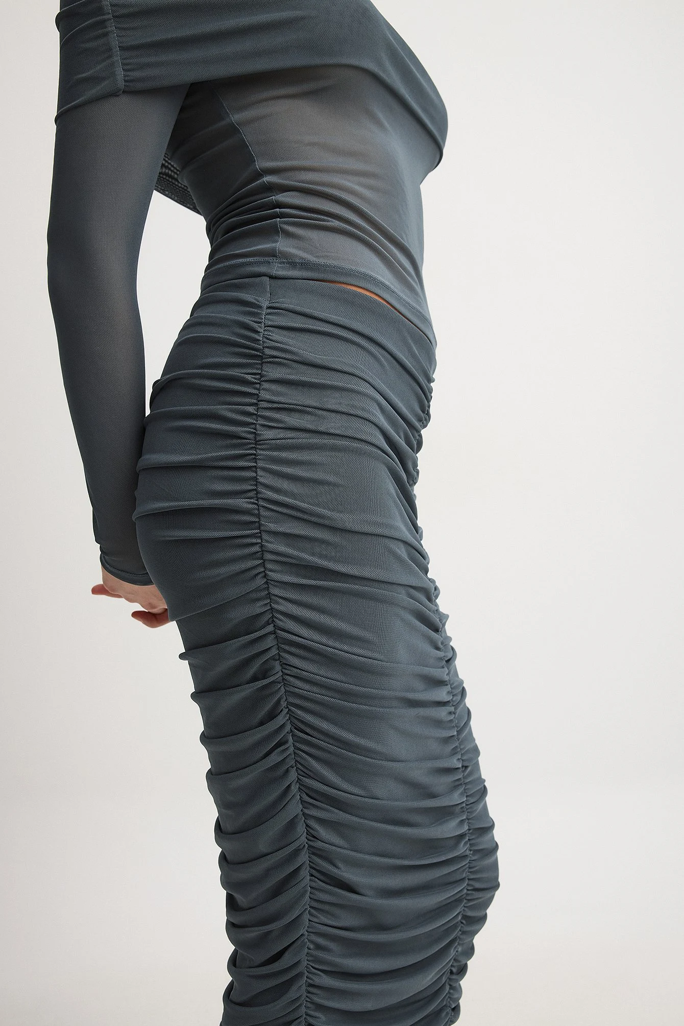 Rouched Mesh Midi Skirt