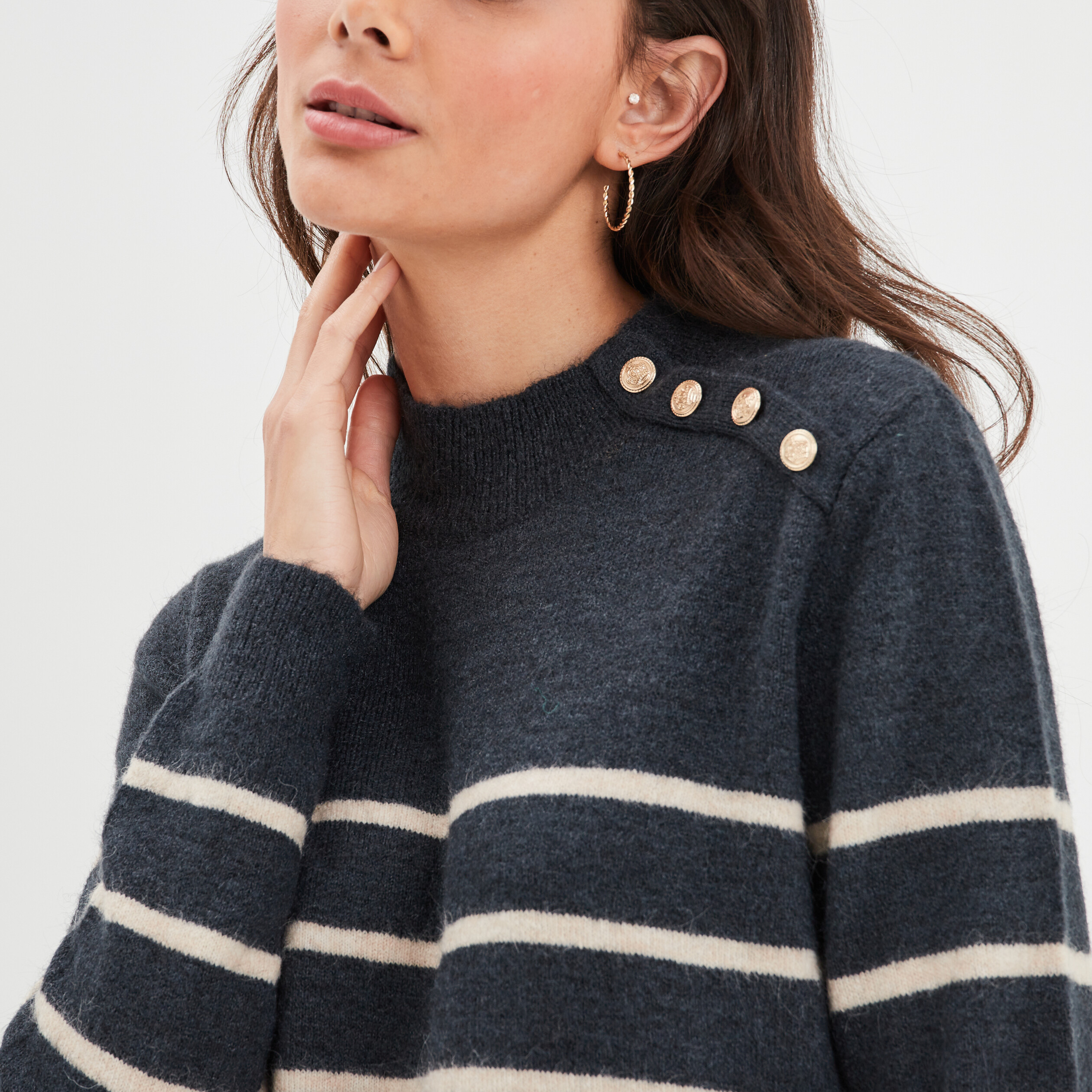 Pull marinière boutons à l'épaule bleu marine femme | La Halle
