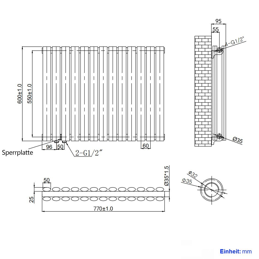 EMKE Heizkörper EMKE Design Heizkörper Oval Paneelheizkörper Heizung, Weiß / Anthrazit Horizontaler Seitenanschluss Doppellagig