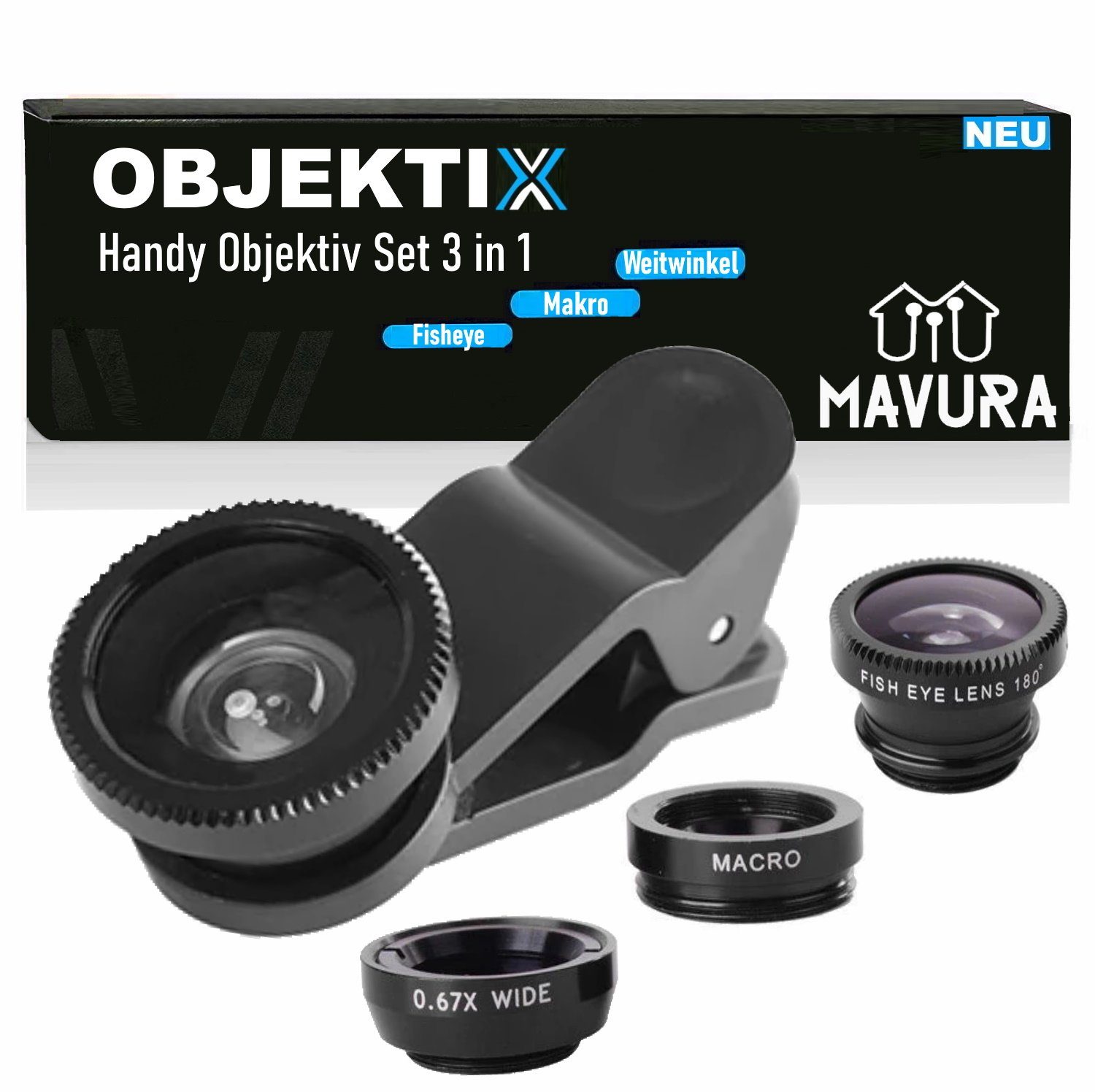 MAVURA OBJEKTIX Universal Handy Objektiv Set 3in1 Smartphone Linsen Objektiv, (Fisheye + Weitwinkel + Makro Kamera)