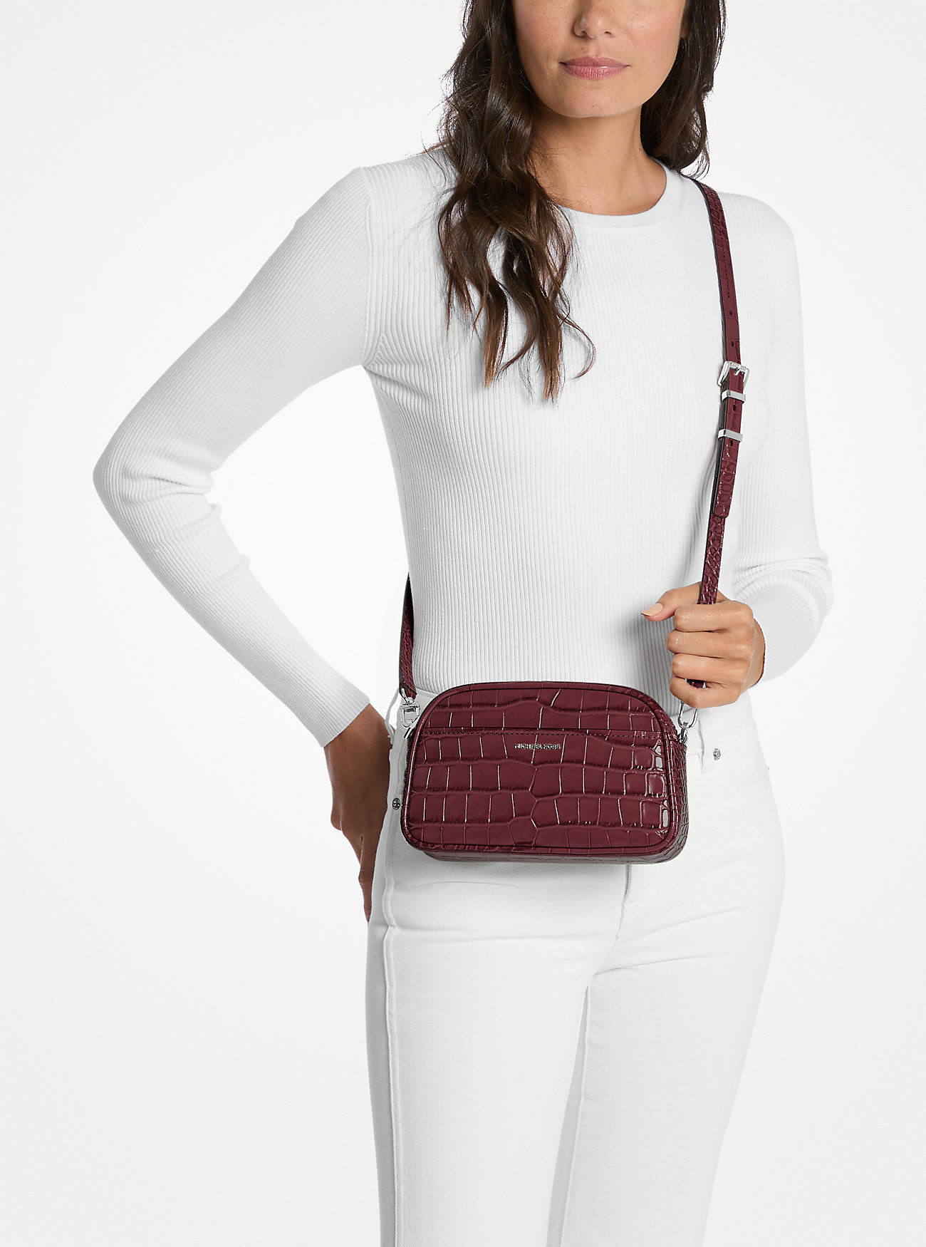 Jet Set Small Crocodile Embossed Leather Camera Crossbody Bag - OXBLOOD