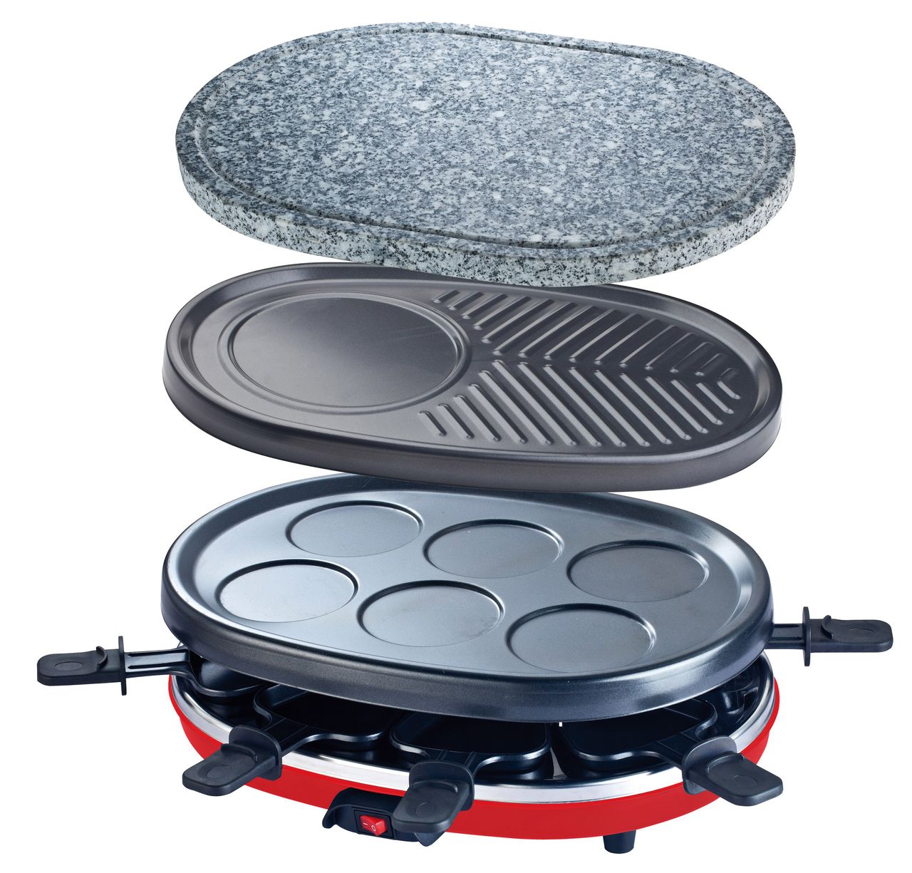 H.Koenig RP412 Raclette-Gerät 4 in 1 / 8 Personen / Raclette, Natursteingrill, Crepe-Platte und Grillplatte / mit 8 Pfännchen / 900 W / schwarz/rot