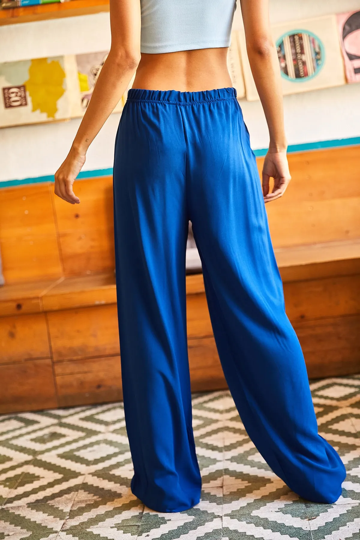 Olalook  Damen-Palazzo-Hose aus gewebtem Viscon von Saks in Blau mit Gürtel, PNT-19000169