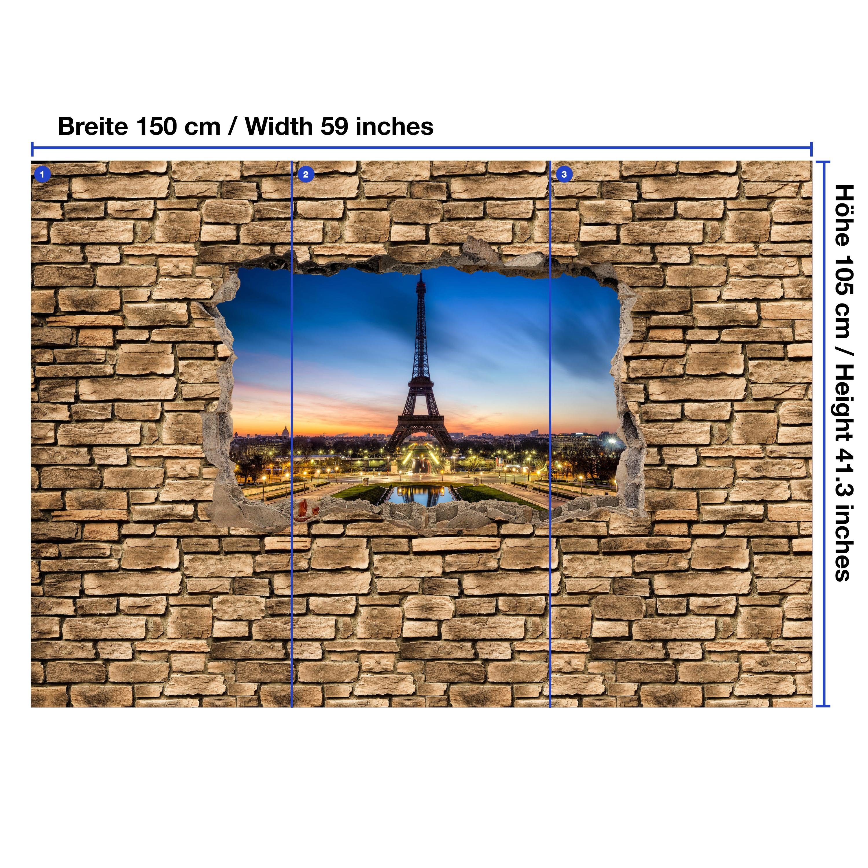 wandmotiv24 Fototapete 3D Eiffelturm bei Nacht Frankreich - Steinmauer, glatt, Wandtapete, Motivtapete, matt, Vliestapete