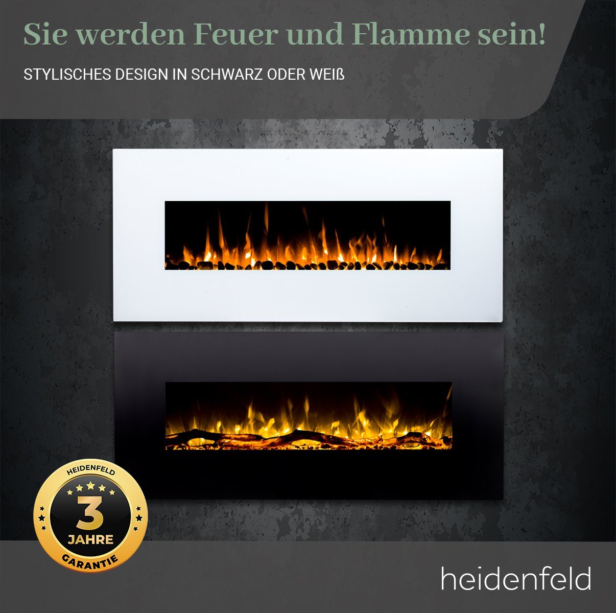 Heidenfeld Elektrokamin Kamin Heizung Wandkamin HF-WK300 750/1500 Watt inkl. 3 J. Garantie, 3D Flammen - 10 wählbare LED Farben - Fernbedienung - Elektroheizung