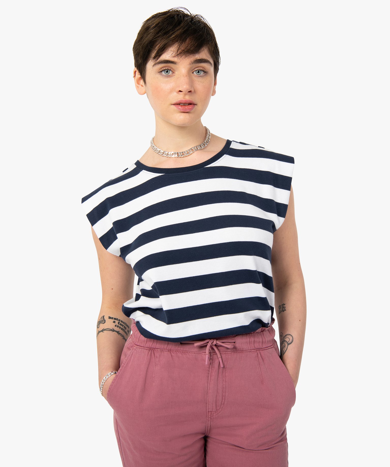 Tee-shirt femme rayé sans manches à épaulettes raye | GEMO