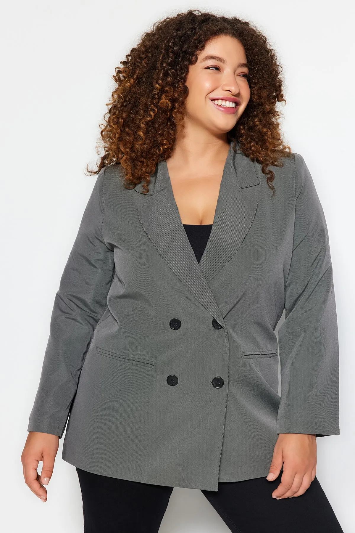 Trendyol Curve  Graue, zweireihige Blazerjacke mit Futter und Verschluss TBBAW24AG00003