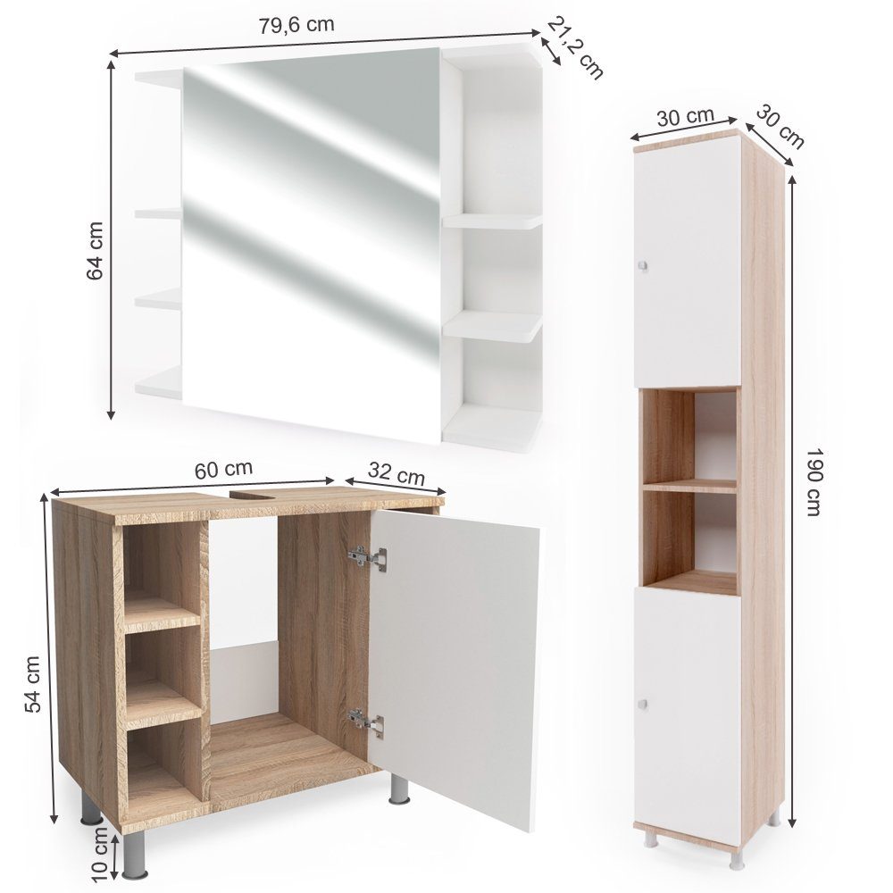 Vicco Badmöbel-Set Badezimmerset FYNN Sonoma Set 3, (3-er Set, 3-St., 3-er Set)