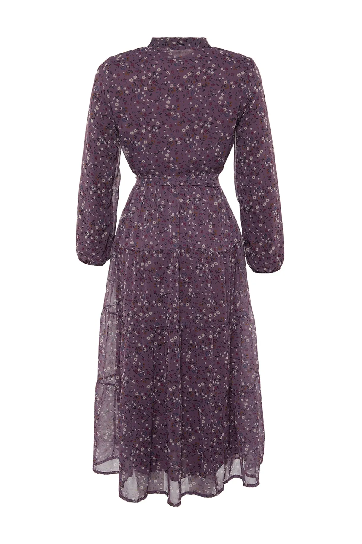 Trendyol Modest  Lilafarbenes Kleid aus gewebtem Chiffon mit Blumenmuster, Gürtel, Stehkragen und Futter TCTSS21EL3346