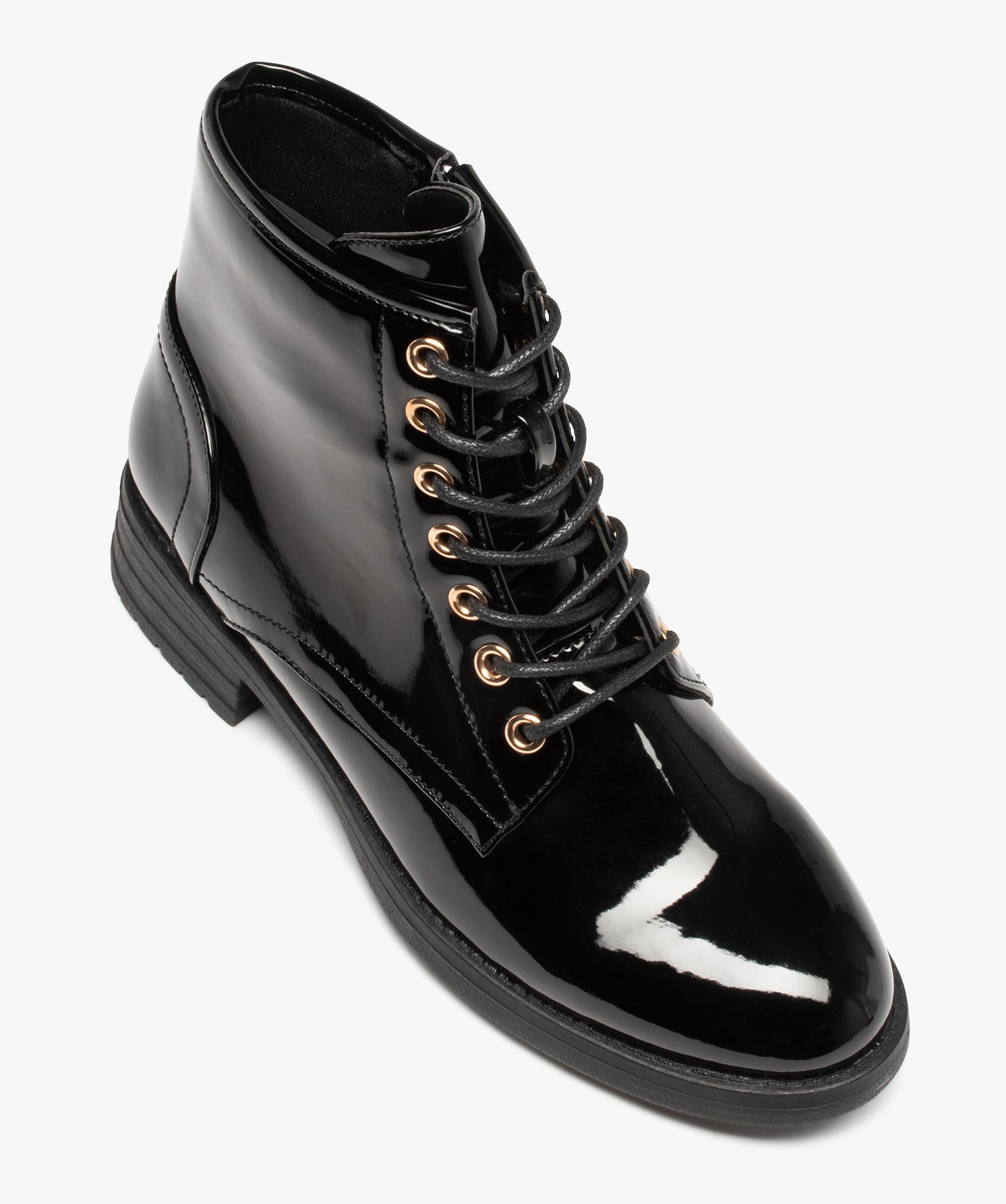 Boots femme à lacets dessus uni et verni à talon large noir | GEMO