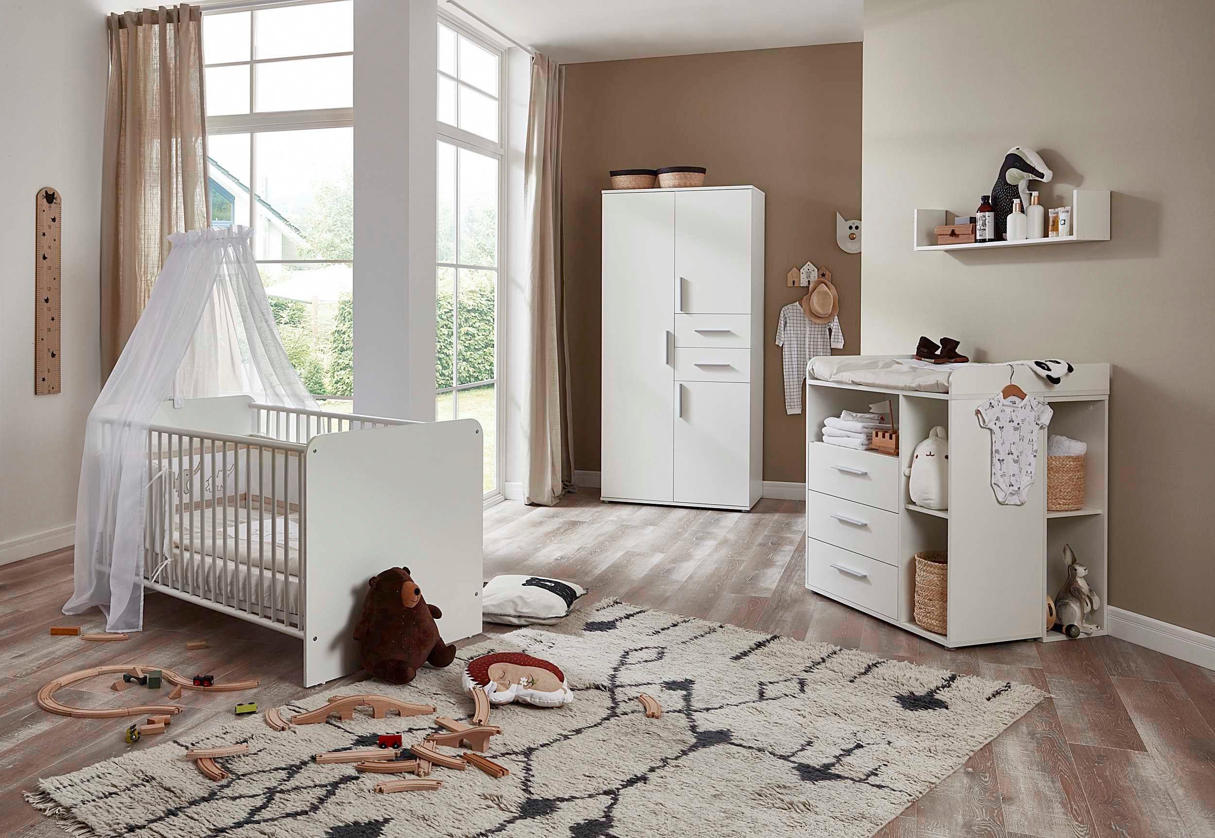 BMG Möbel Babyzimmer-Komplettset Lea, (Set, 6-St., Bett, Wickelkommode, Unterbauregale, Schrank, Wandboard), Bett + Wickelkommode + 2x Unterbauregal + 3-trg. Schrank + Wandboard