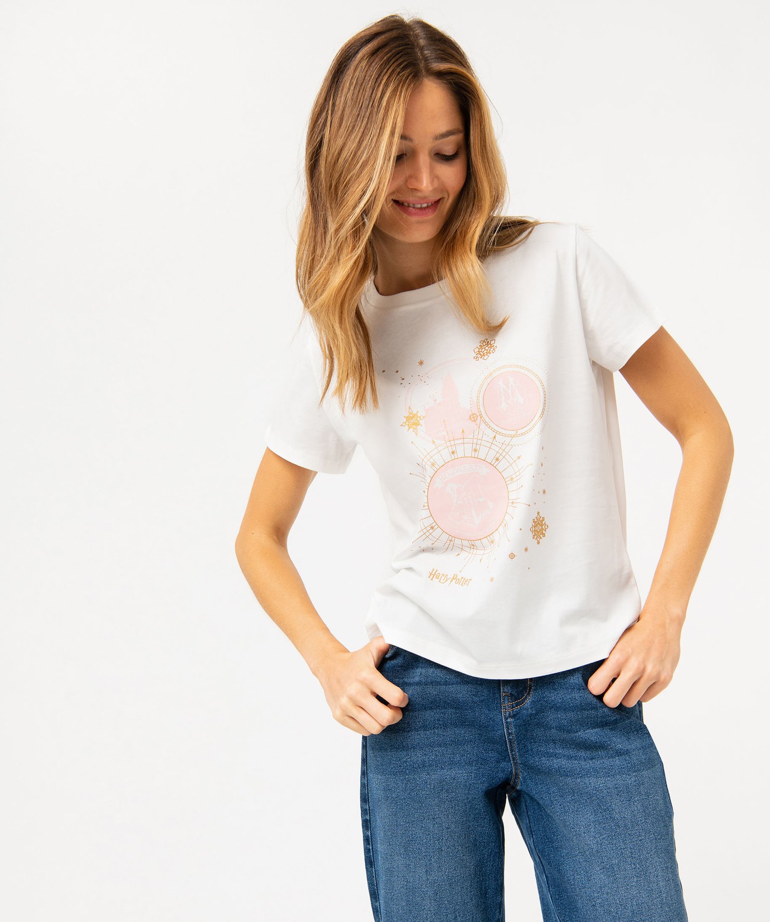 Tee-shirt à manches courtes avec touches pailletées femme ... ecru | GEMO