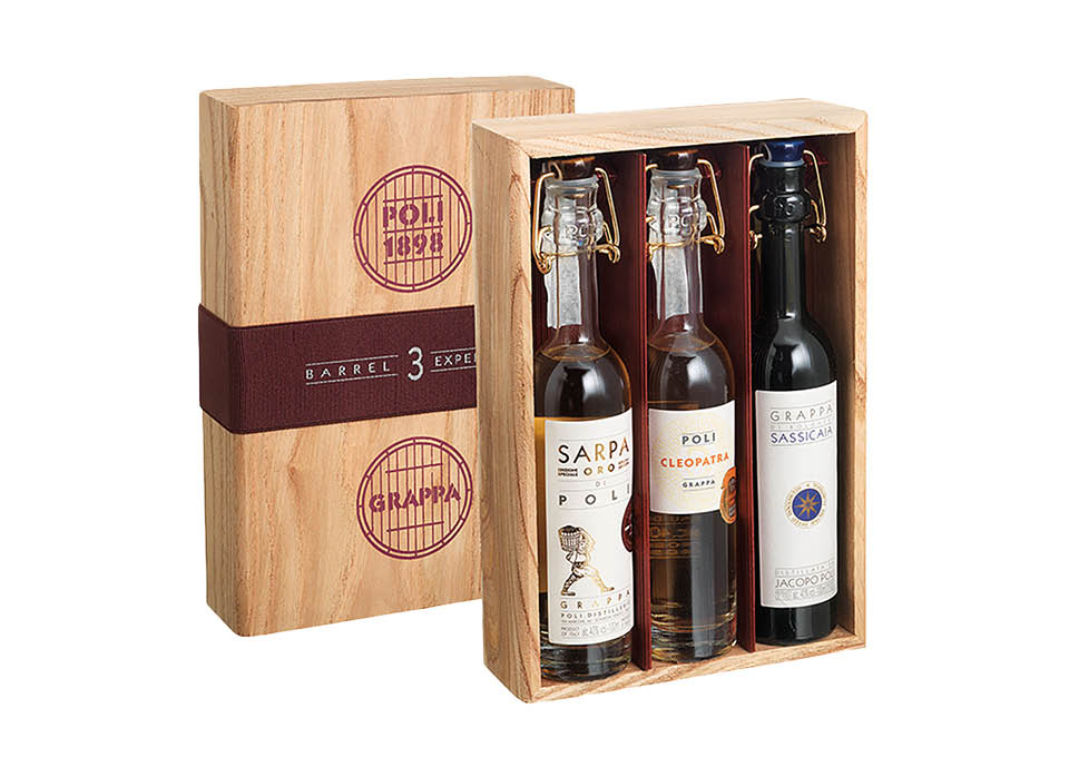 Grappa 3 Barrel Experience Poli 3 bouteilles de 100 ㎖, Caisse bois
