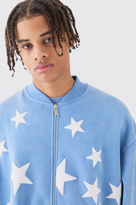 Kastige Oversize Jersey-Bomberjacke mit Acid-Waschung und Sternen-Applikation