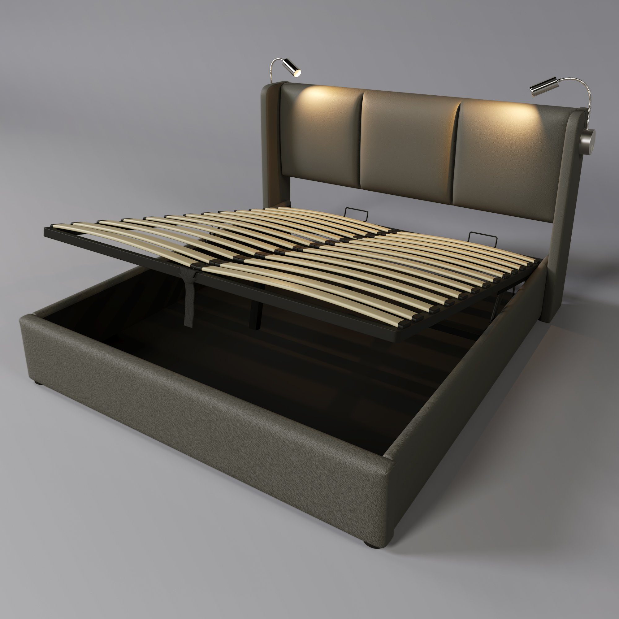 Ulife Polsterbett Grau Doppelbett Hydraulisches Stauraumbett PU 140x200, 160x200cm, Leselicht mit USB Ladefunktion Kopfteil