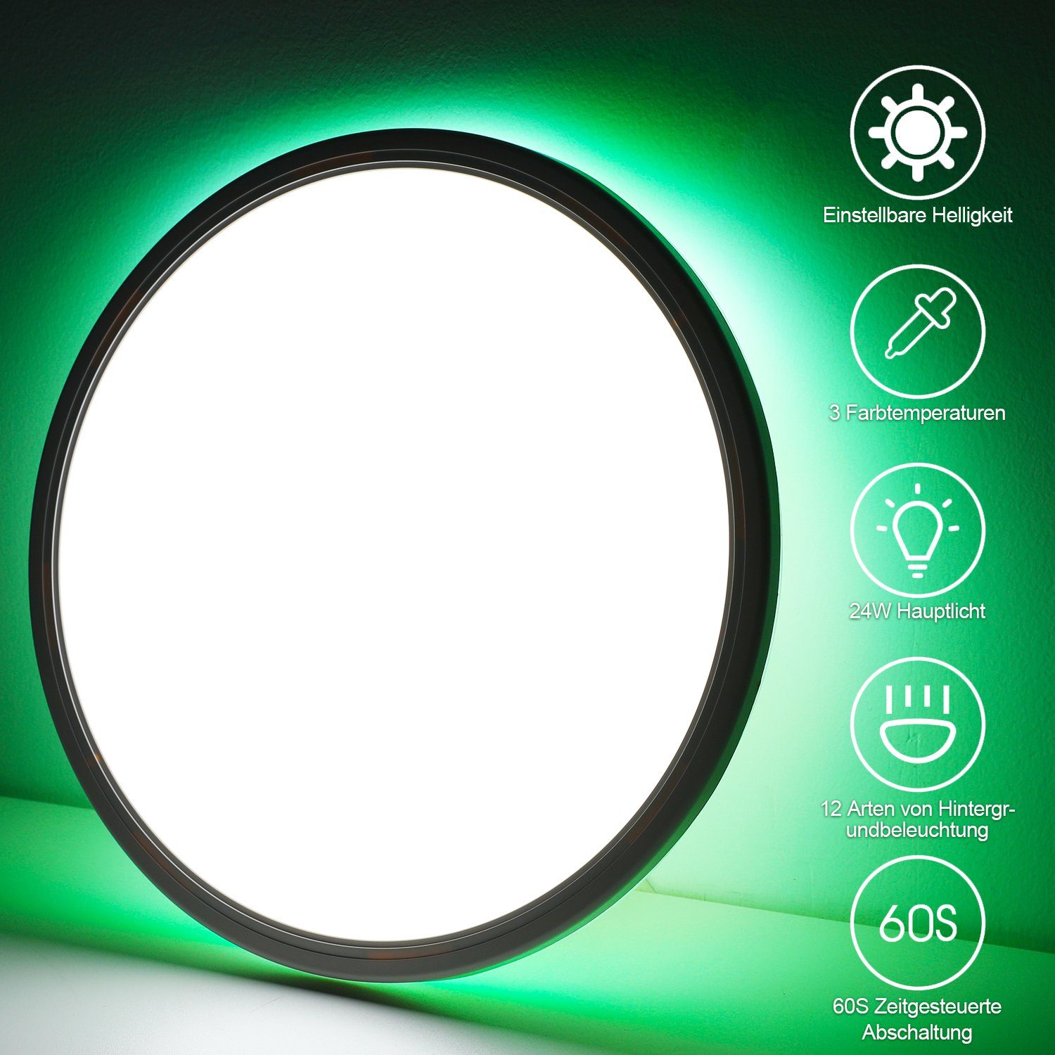 iscooter LED Deckenleuchte Ultra Dünn LED Deckenlampe, 24W RGB Backlight Deckenlampe Flach Rund, LED fest integriert, warmweiß, neutralweiß, kaltweiß, RGB, Dimmbar mit Fernbedienung, für Schlafzimmer/Wohnzimmer/Badezimmer/Küche