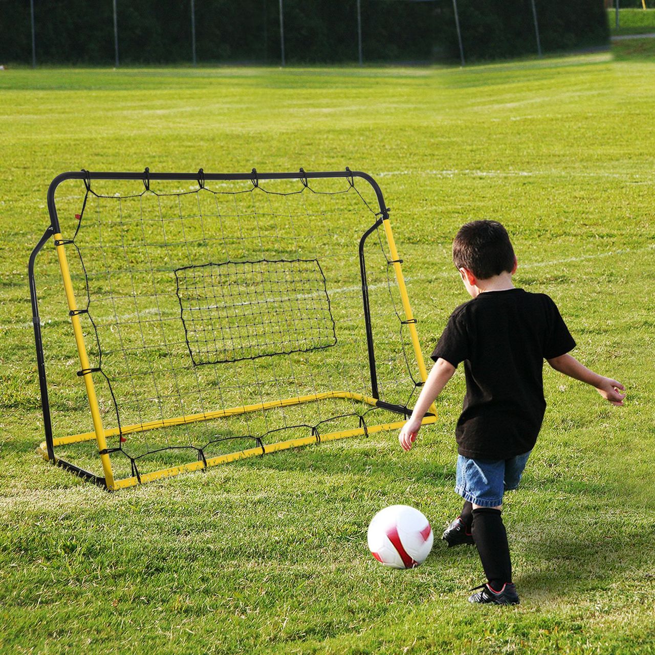 HOMCOM Kickback Fußball Rebounder Tor Rückprallwand Netz für Fußball Gelb Schwarz 184 x 63 x 123 cm