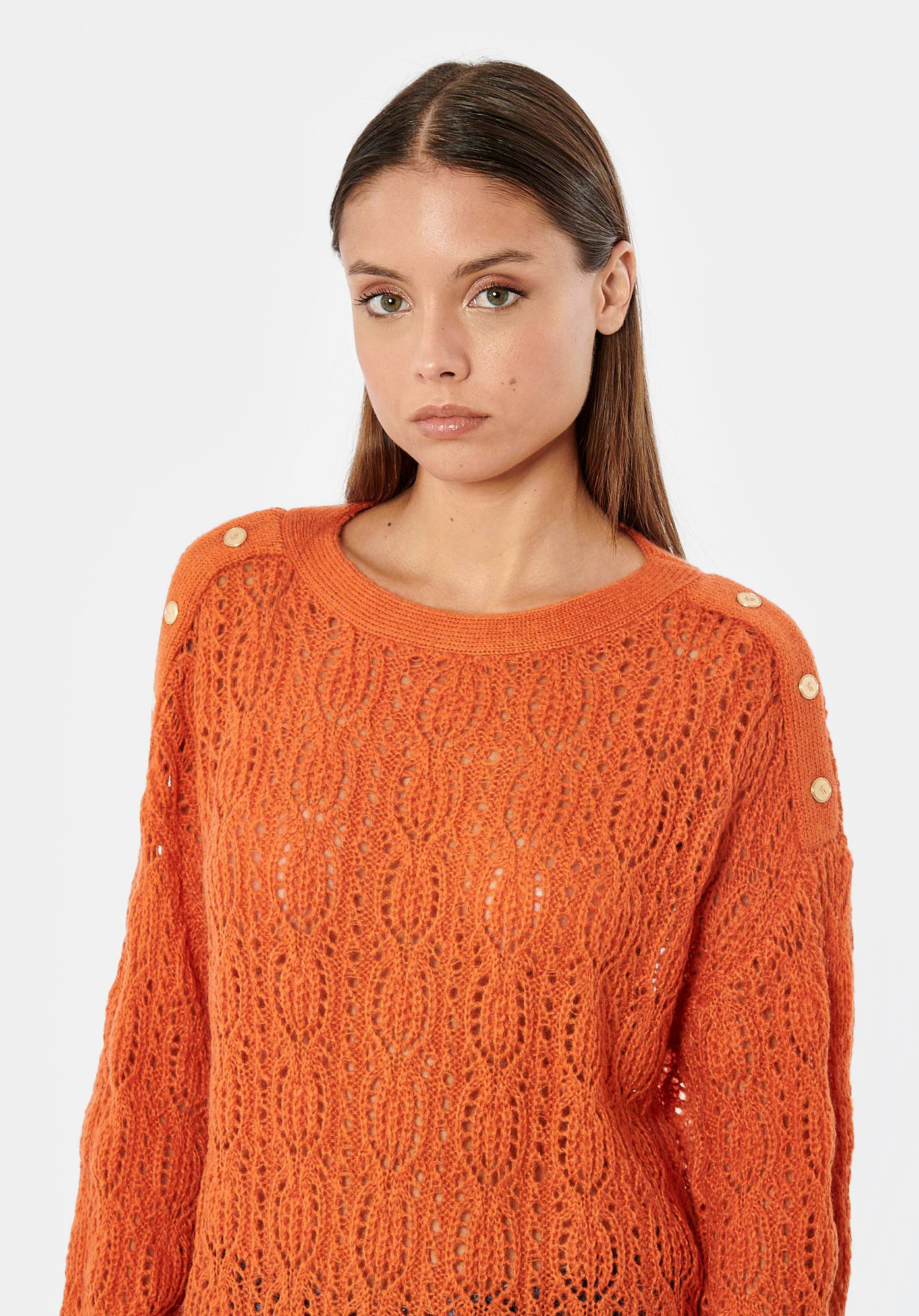 LOUIZ  Pull orange ajouré femme