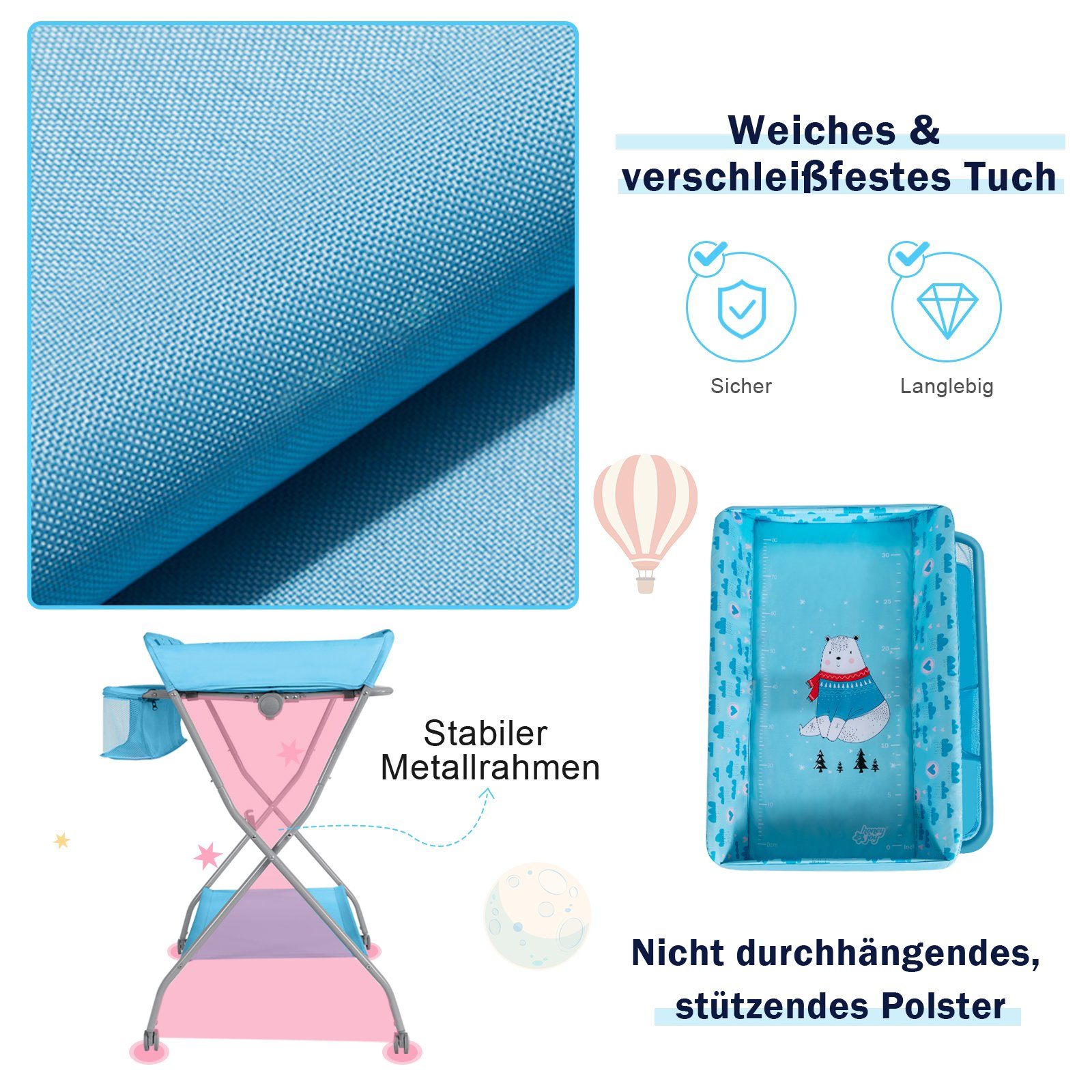 COSTWAY Wickeltisch, klappbar & rollbar, mit Sicherheitsgurt, bis 11kg