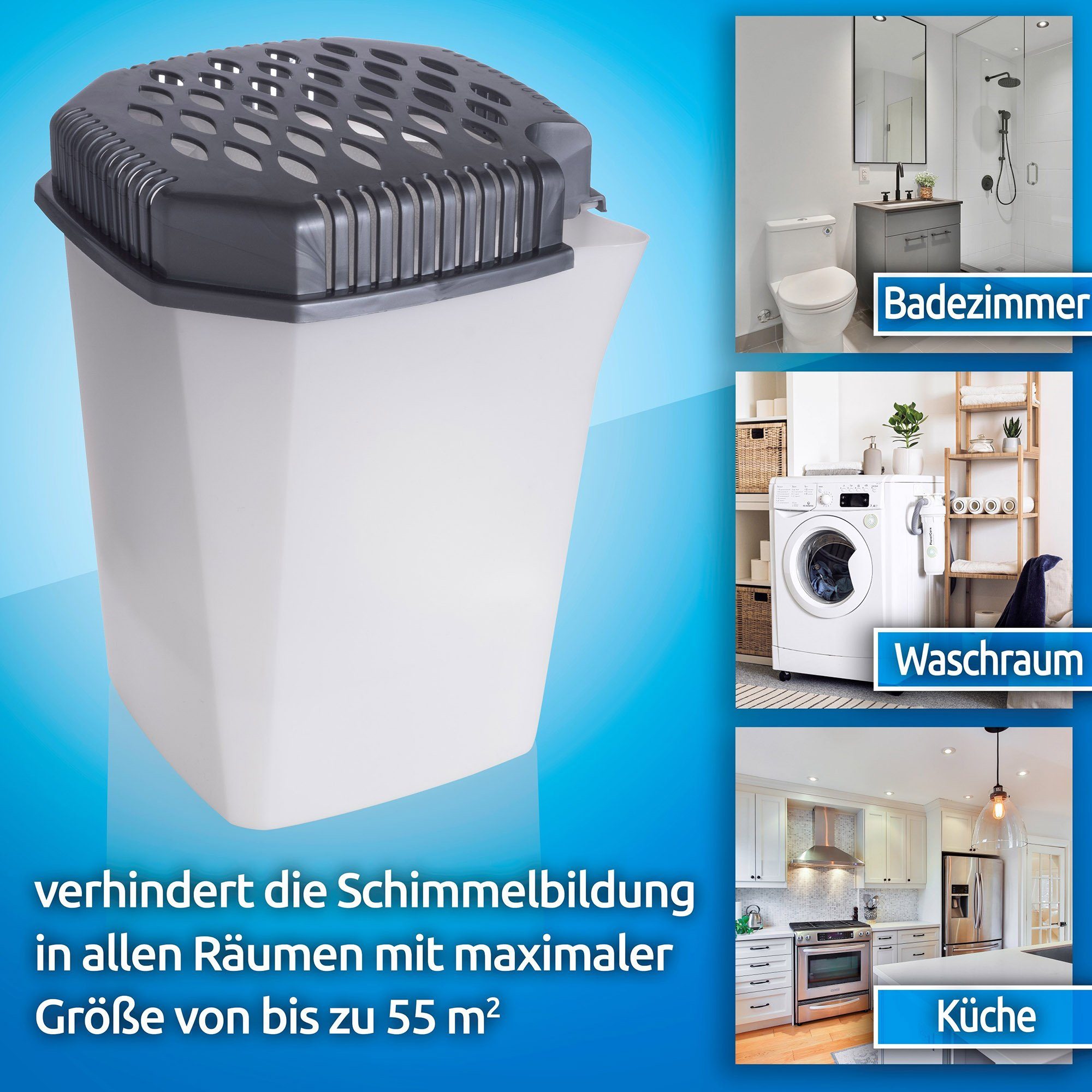 Bestlivings Luftentfeuchter Entfeuchter mit Ausgießer, für 55 m³ Räume, Tank 0,50 l, Raumentfeuchter inkl. 2x 680gr Granulat - Entfeuchter Raum