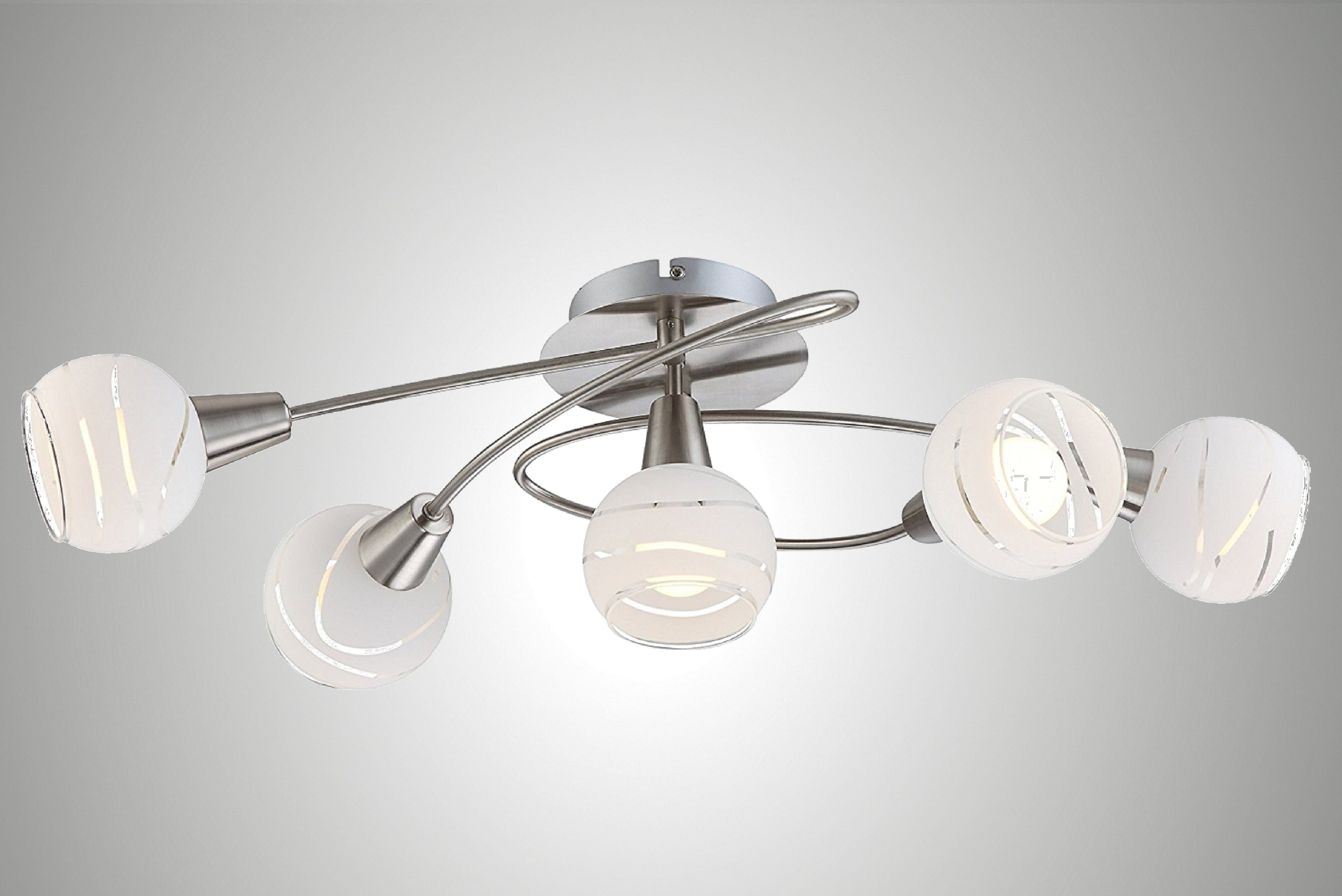 TRANGO LED Deckenleuchte, Dimmfunktion, 5-flammig 1001-52D LED Deckenspots *OLIVIA* inkl. 5x 3-Stufen dimmbar LED Leuchtmittel 3000K warmweiß, Deckenlampe in Edelstahl-Optik mit Design Glaslampenschirmen, Deckenstrahler, Wohnzimmer Lampe, Spots