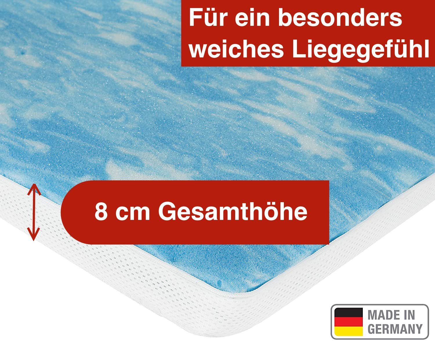 Topper Gel-Schaum Topper (8 cm), Meos, 8 cm hoch, Gelschaum, 90x200 cm, Made in Germany, 4-seitiger Reißverschluss, Klimaband