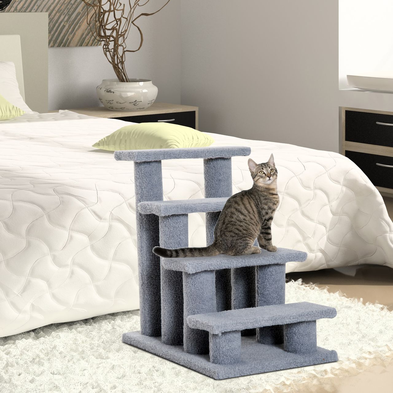 PawHut Tiertreppe Katzentreppe Hundetreppe Treppe für Katze und Hunde 4 Stufen Beige/Grau 63,5x43x60cm