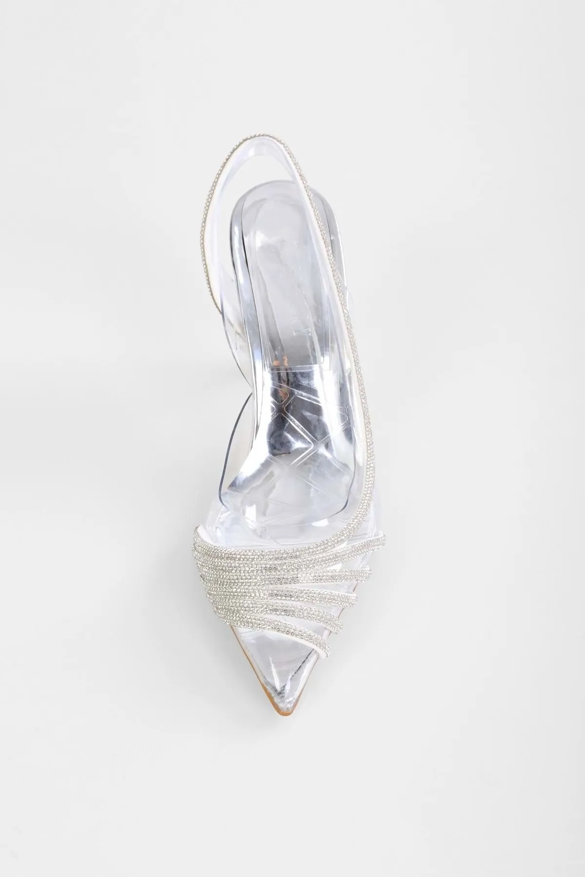 Shoeberry  Damenschuhe „Junie“ in Silber, glänzend, transparent, gerippt, mit Schmucksteinen besetzt