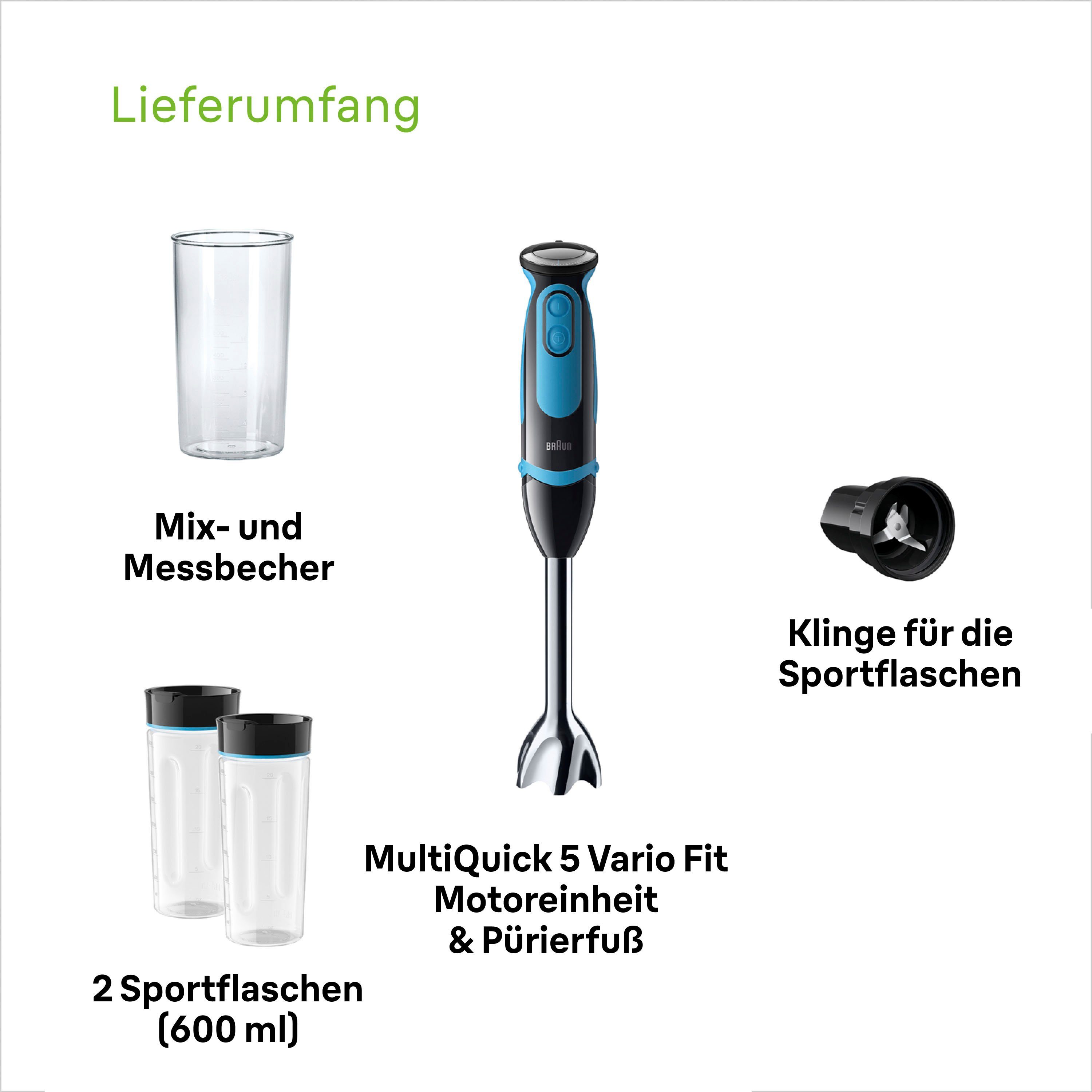 Braun Stabmixer MQ 5252 BKBL MultiQuick 5 Vario, 1000 W, mit Smoothie2Go Funktion und EasyClick System, Schwarz/Blau