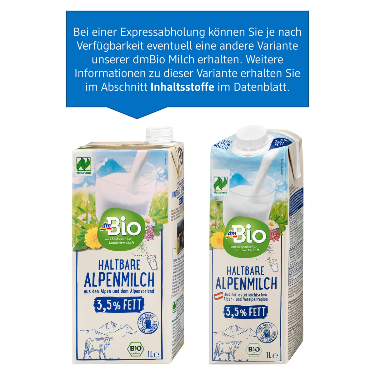 Milch, haltbare Alpenmilch 3,5 % Fett, 1 l