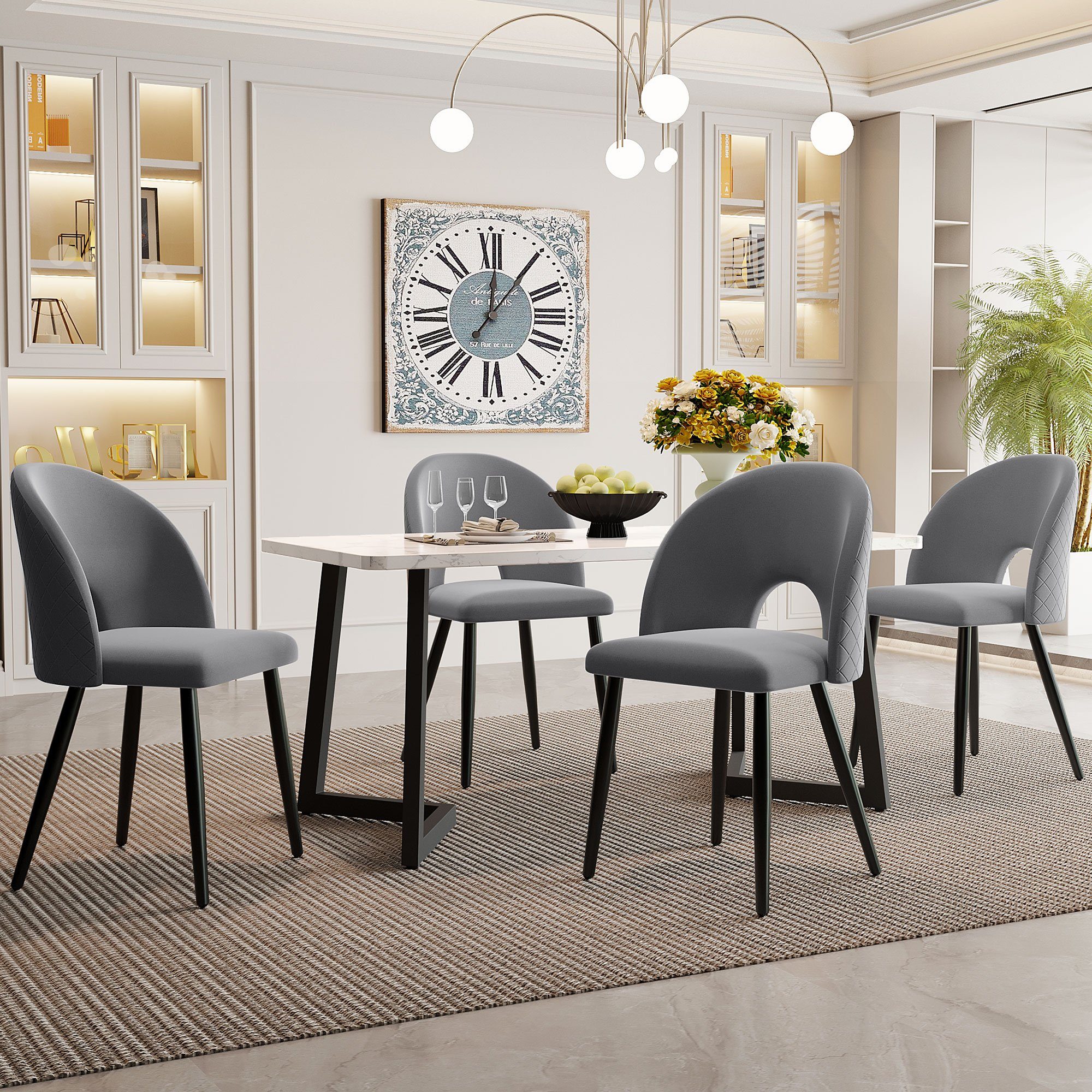 Celya Essgruppe Esstisch mit 4 Stühlen,Samt Esszimmerstuhl Mit Diamantmuster, (Set, Tisch mit 4 Stuhlen), Rechteckiger Esstisch Moderner Küchentisch Set,Schwarz Tischbeine