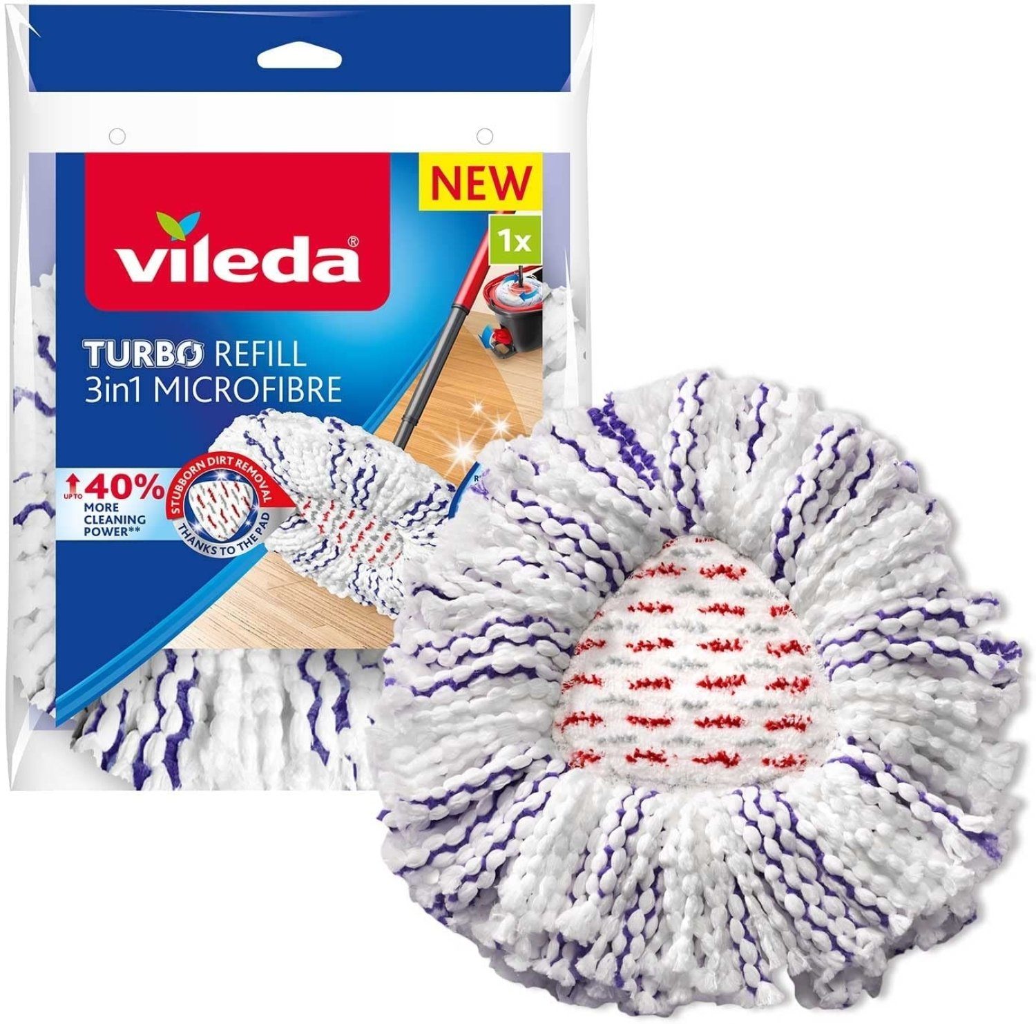 Vileda Wischmopp Vileda TURBO 3in1 Ersatzbezug, Mop, 1er Pack, Bodenwischer, Ersatz, Refill, Hartböden, lila weiß