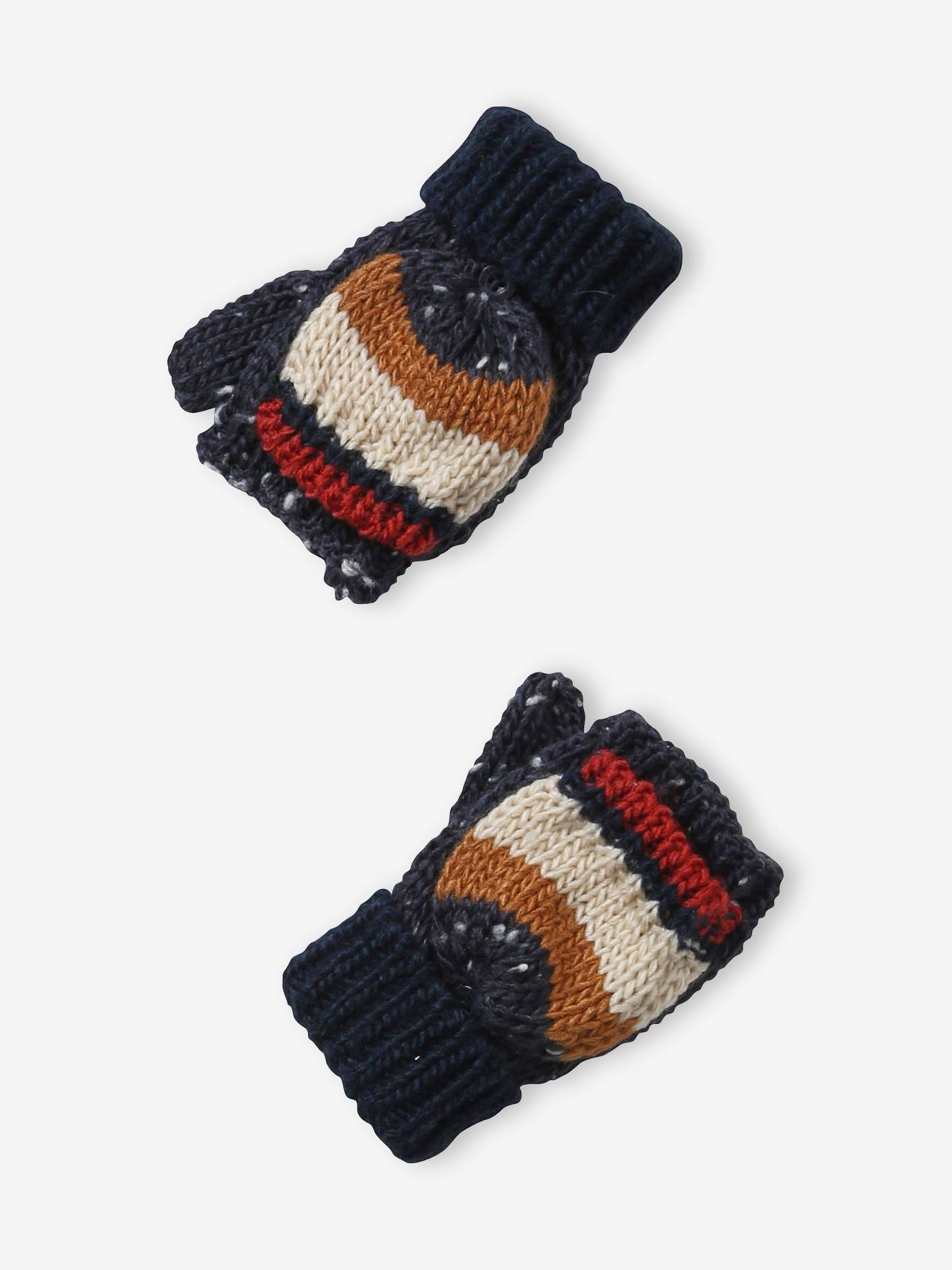 Vertbaudet Jungen Strick-Set: Mütze, Rundschal & Handschuhe, Streifen - marine
