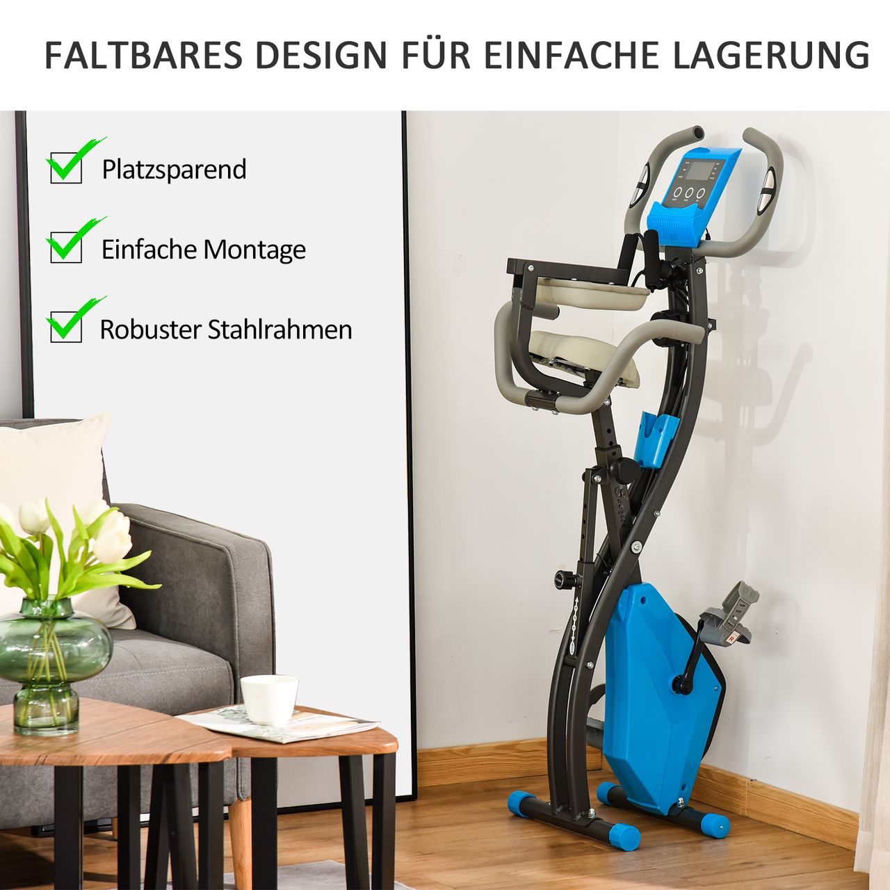 HOMCOM Heimtrainer 2-in-1 Fahrradtrainer LCD-Display klappbarer Hometrainer Trimmrad mit 8 stufig Blau Grau 97x51x115 cm