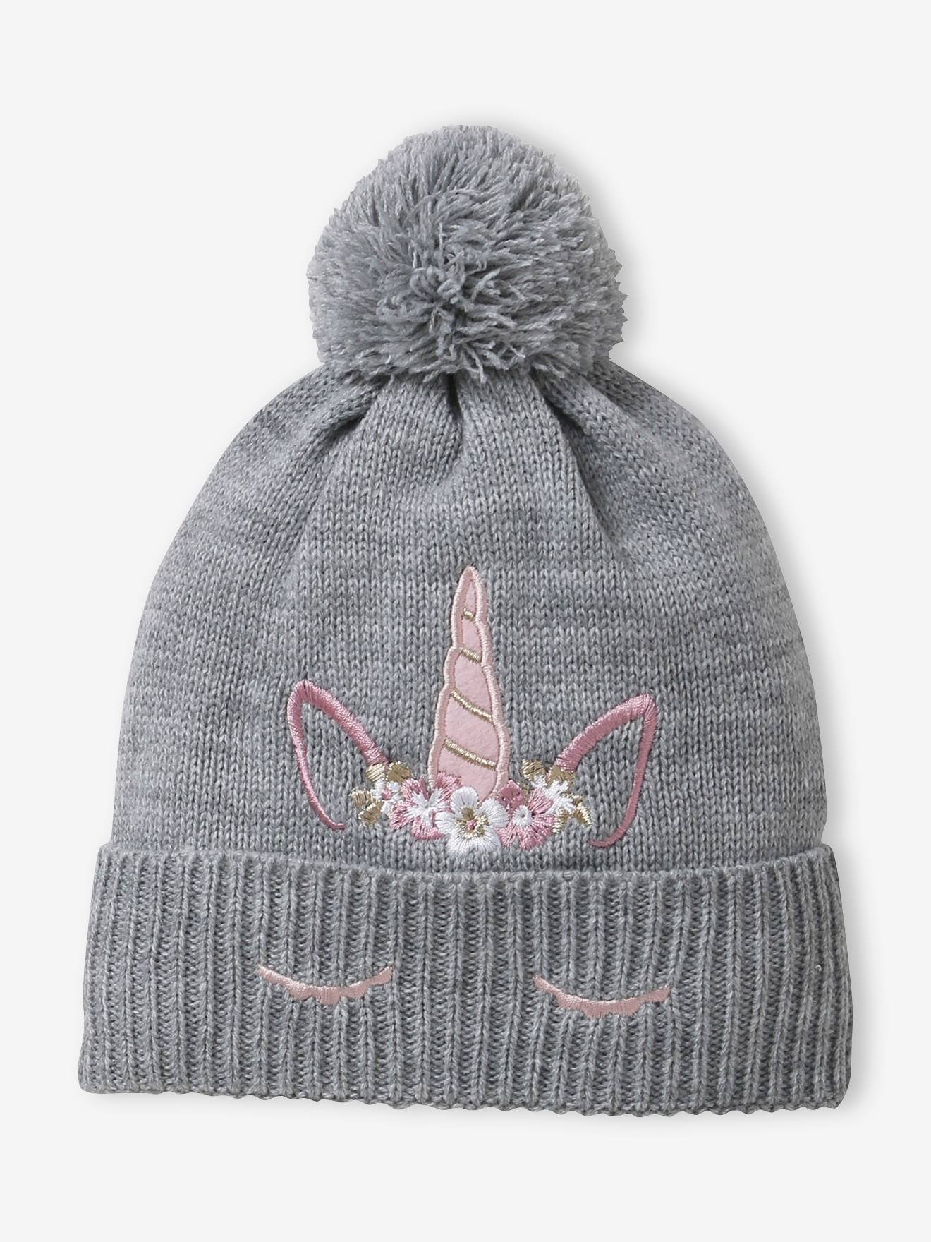 Bonnet brodé licorne fille en maille gris chiné